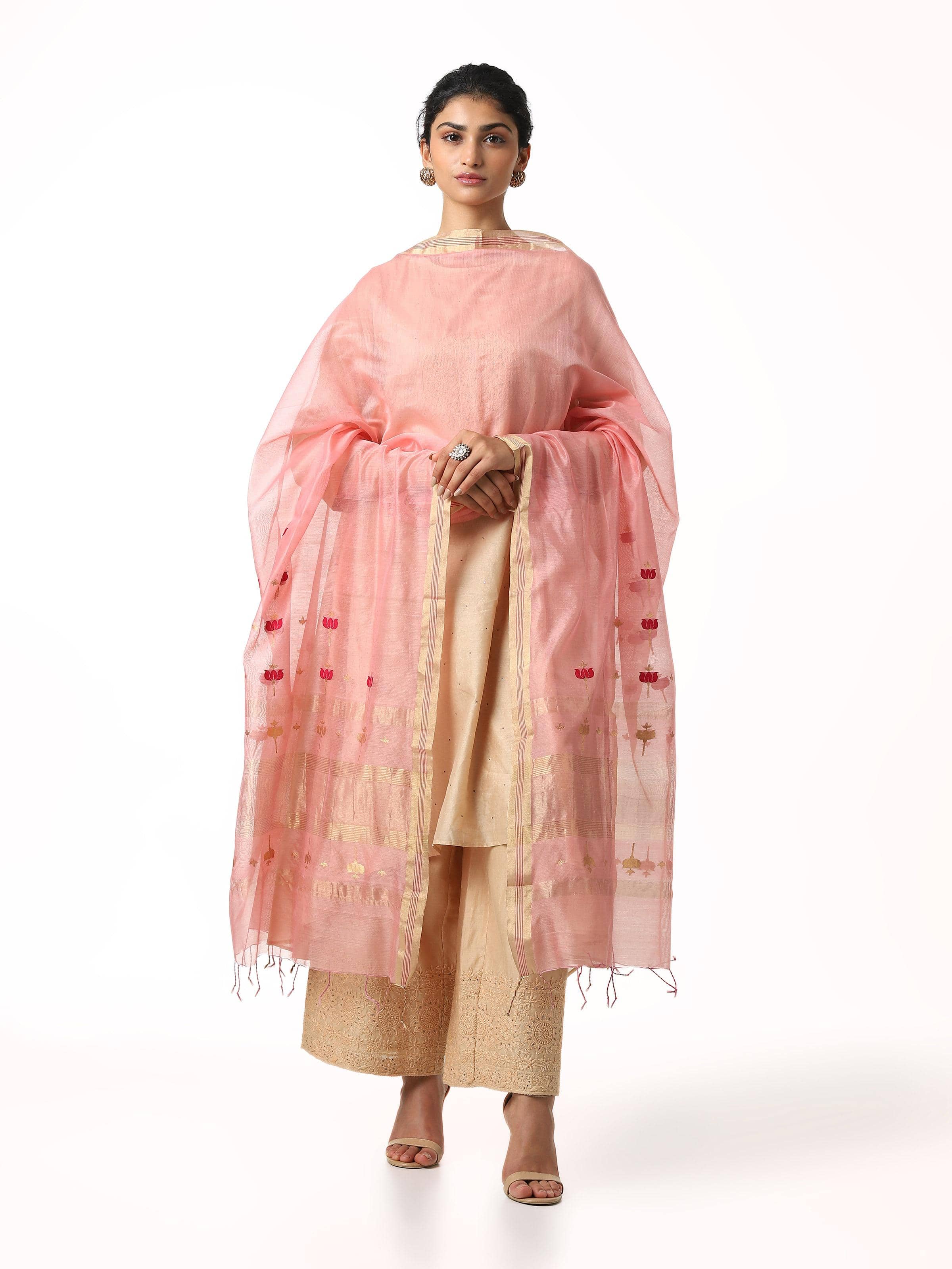 Light pink cotton silk Chanderi dupatta with floral block motifs