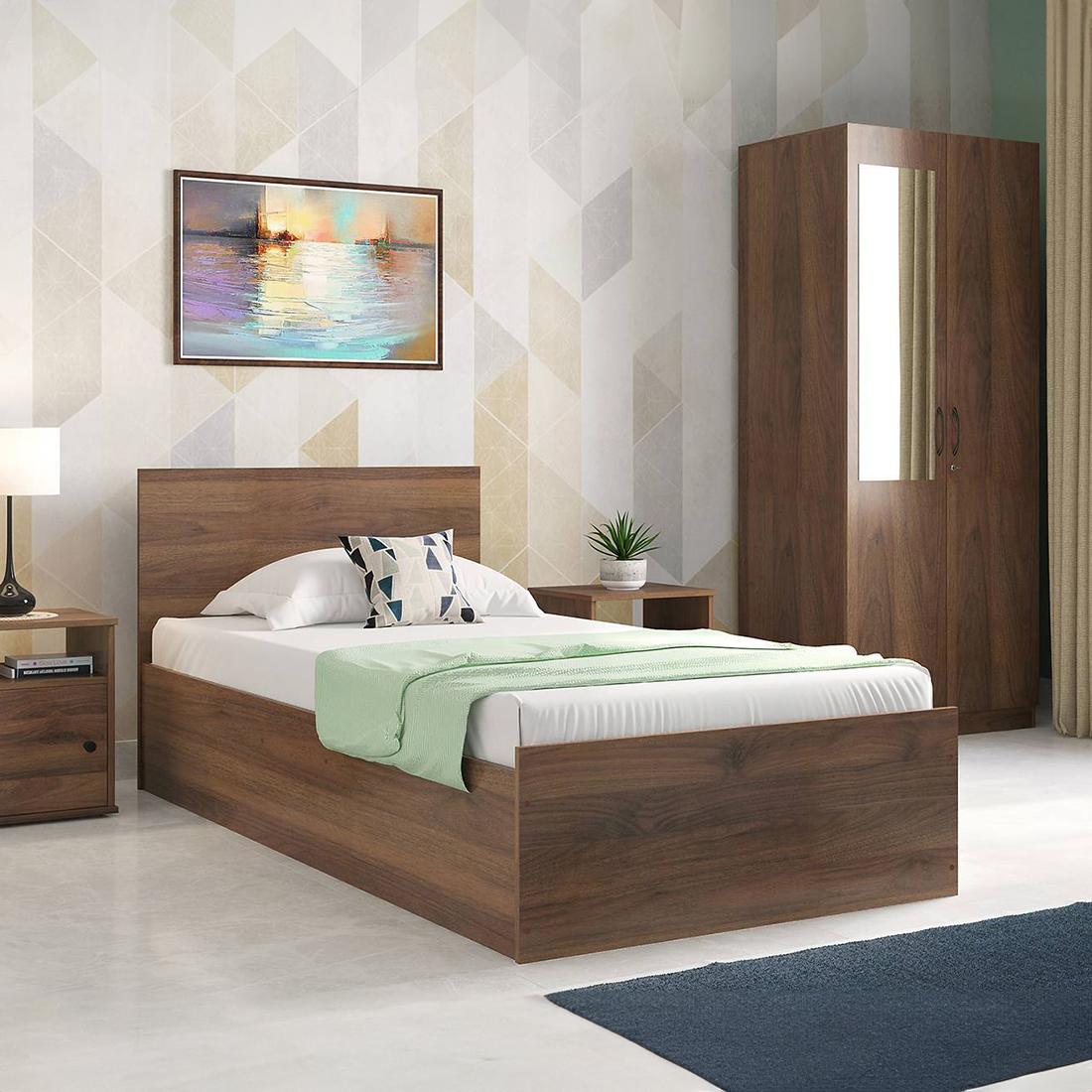 Zoey Engineered Wood Single Size Box Storage Bed In Classic Walnut Finish