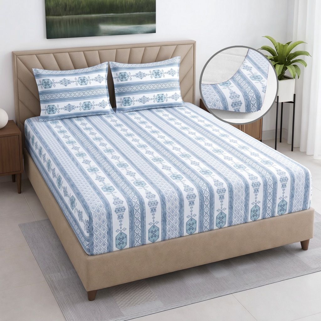 Blue And White Floral 400 Tc Cotton Fitted Queen Size Bedsheet With 2 Pillow Cover
