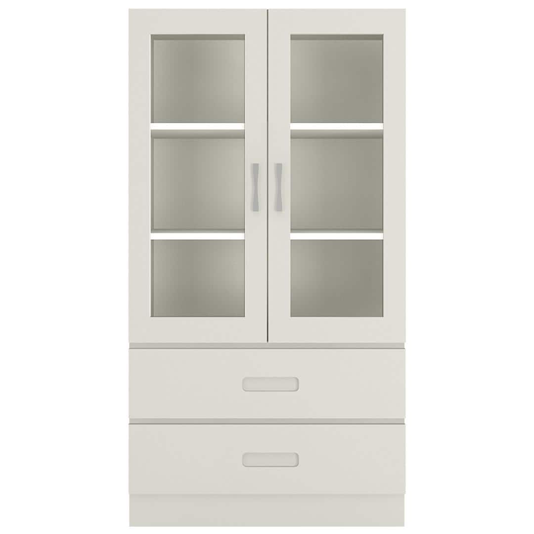 Paloma Large Crockery cum Bookshelf Cabinet with Toughened Glass Shutters and Drawers in Ivory Colour