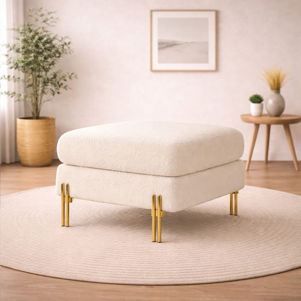 Doe Buck Luxe Boucle Square Ottoman in White Colour with Gold Metal Legs - Doe Buck