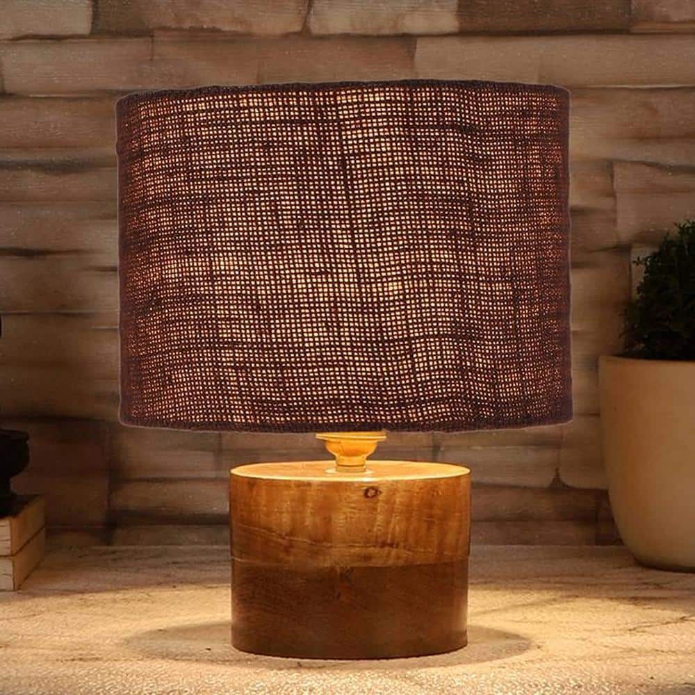 Delphine Brown Jute Table Lamp with Natural Wood Base