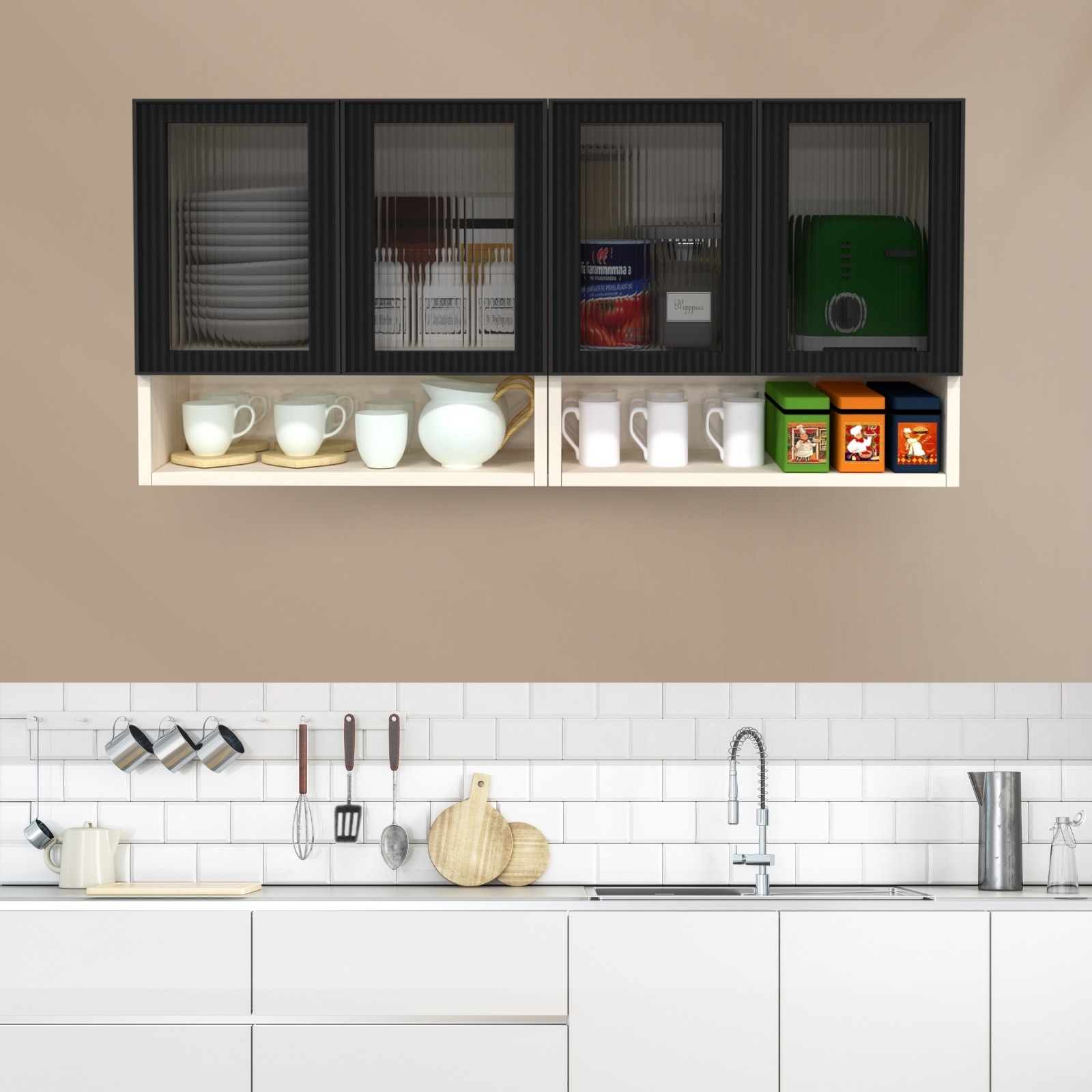 speciality panels Aluminium Black Profile 4 Fluted Glass Handless Shutter With Space Organizer In Highland Pine Finish-picture-11