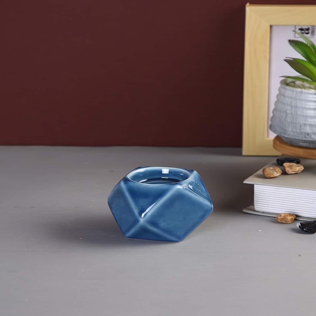 Navy Nordic style Geometric designed Candle Holder in Aqua Colour