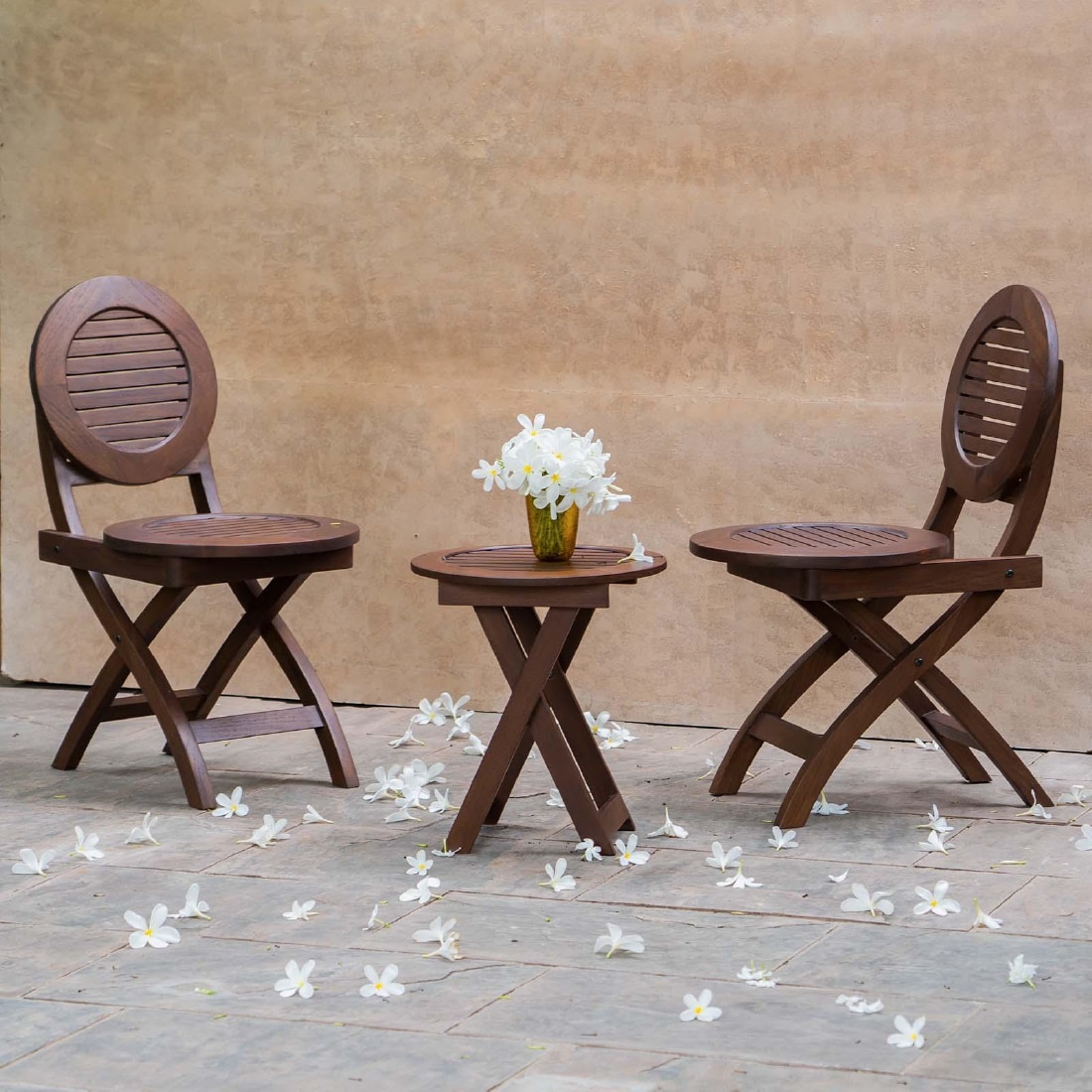 Alfresco Solid Wood Outdoor Folding Round Table with Two Folding Round Chairs in Brown Colour - Orange Tree