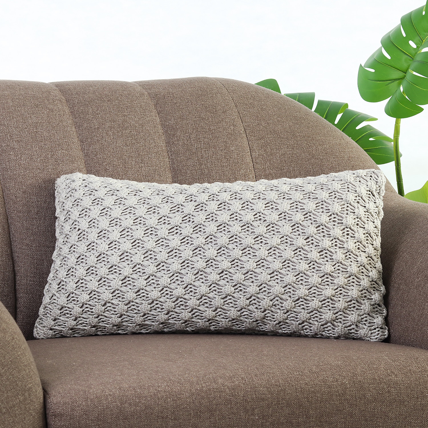 Popcorn Knit Cushion Cover  Vanilla Grey Melange 12X20  Inches - Pluchi