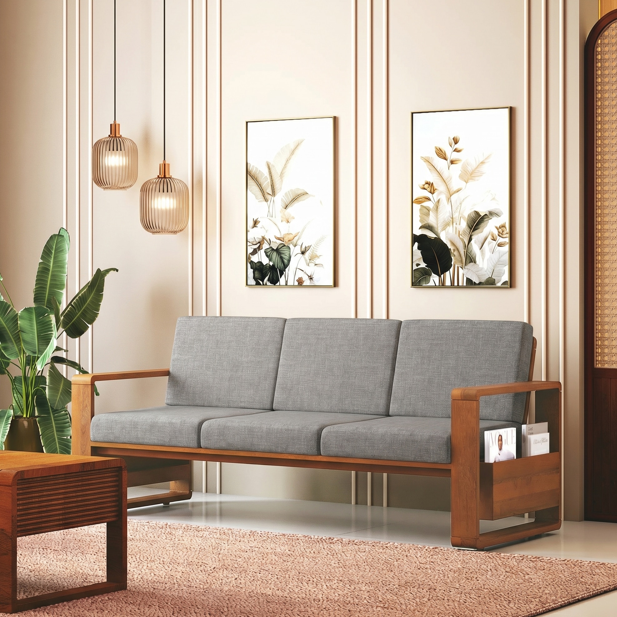 Moreno Three Seater Sofa Wood Sofa In Amber Walnut Finish with Flint Grey Futon Colour - Urban Ladder