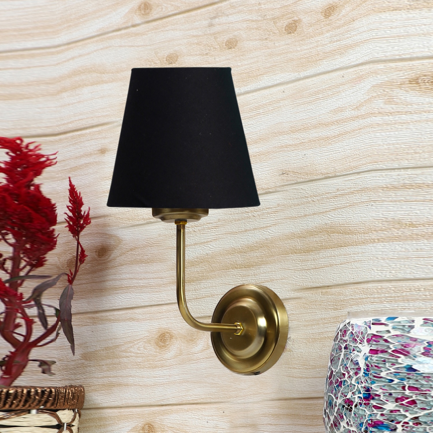 Devansh Metal Electric Wall Light in Gold Colour with Black Shade Count of 1 Light - Devansh