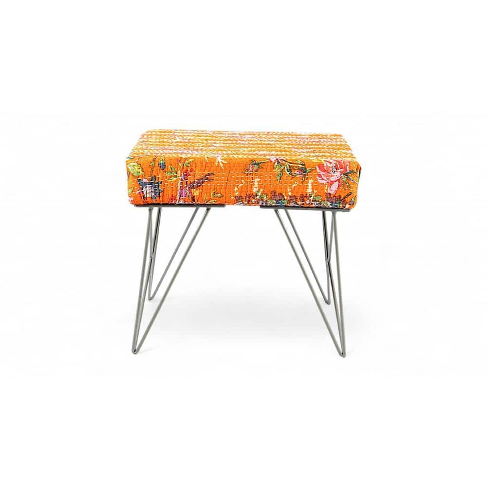 Asansol Sheesham Wood Mid Century Square Set of 2 Stools     in Bird Print Orange Kantha Upholstery