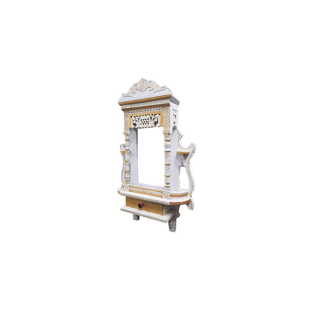 Handmade Wooden White Jharokha cum Pooja Shelf with Drawer