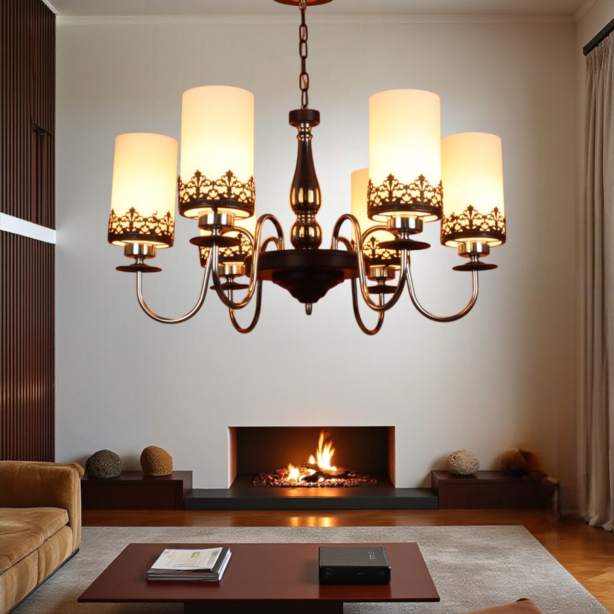 Eliante White Chandelier, 6-Light, Mild Steel And Glass, Modern Ceiling Light Fixture