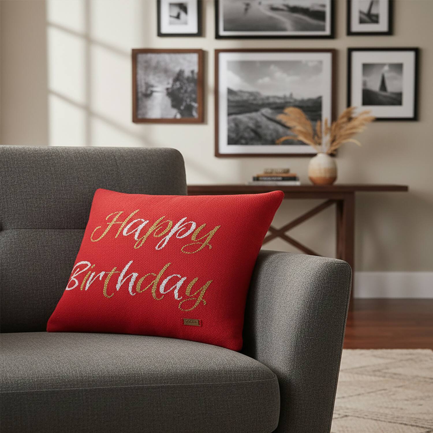 Happy Birthday Red Cotton Knitted Cushion Cover 16X16 Inches - Pluchi