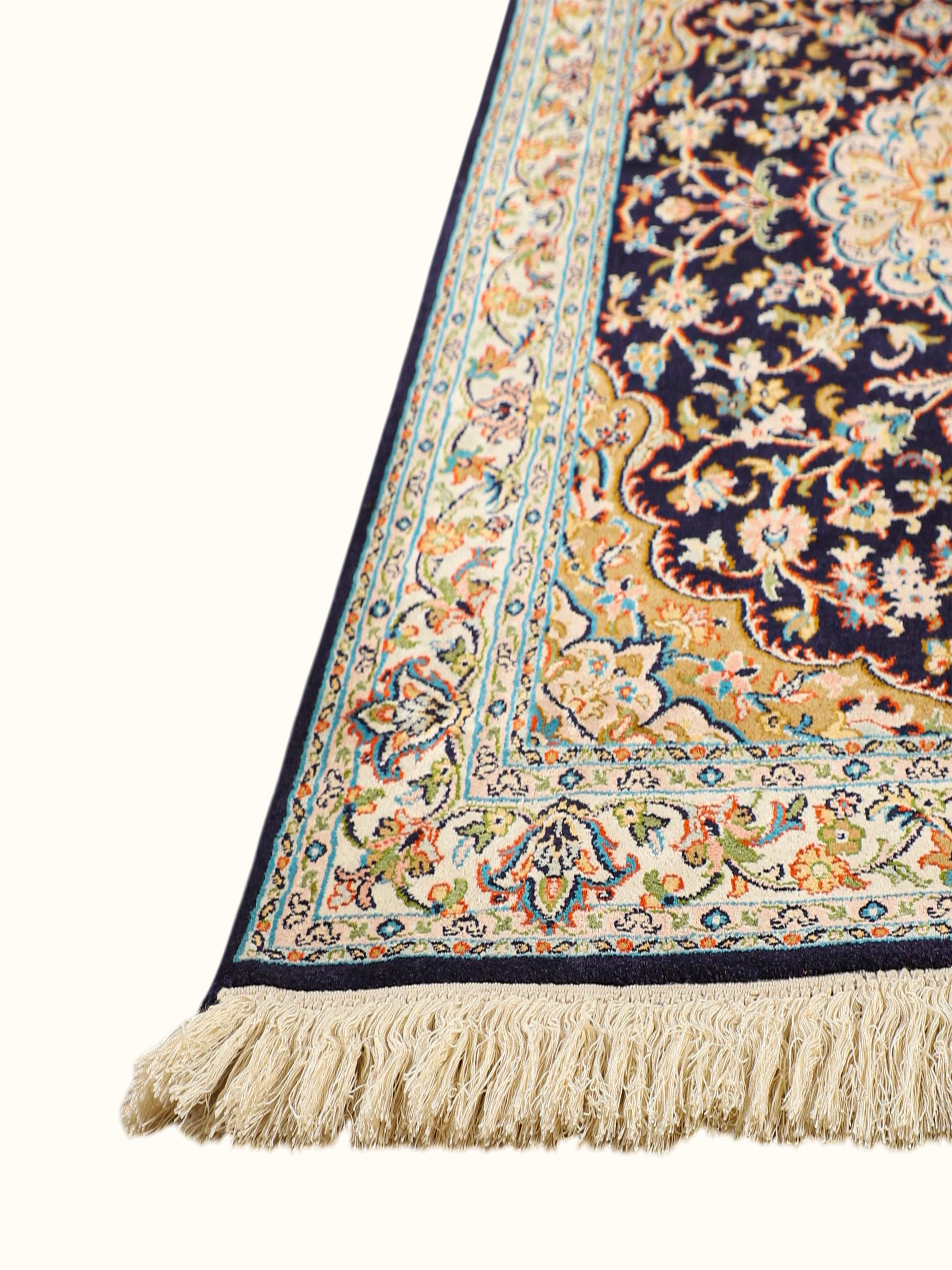 Traditional Persian Navy Rust Kashan Kashmir Silk Hand-Knotted Carpet