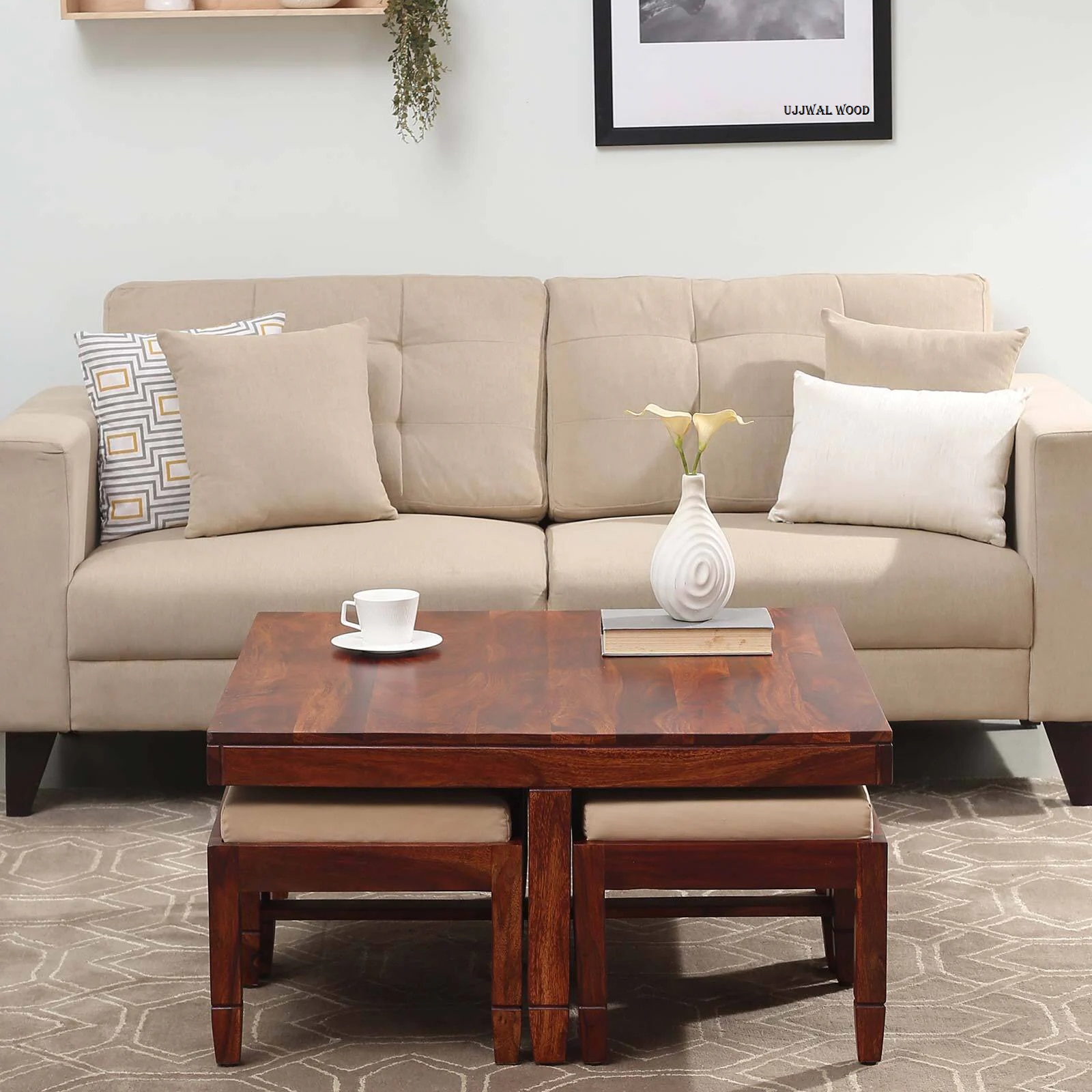 Sheesham Wood Coffee Table Set In Scratch Resistant Honey Oak Finish With Cushioned Stools