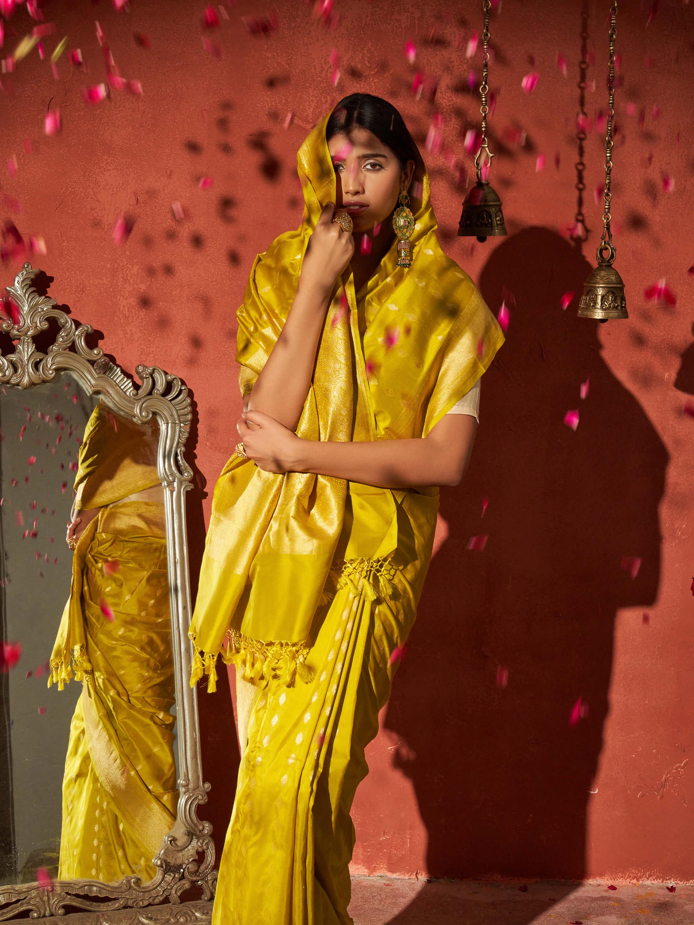 Yellow Mulberry Katan Silk Banarasi Saree