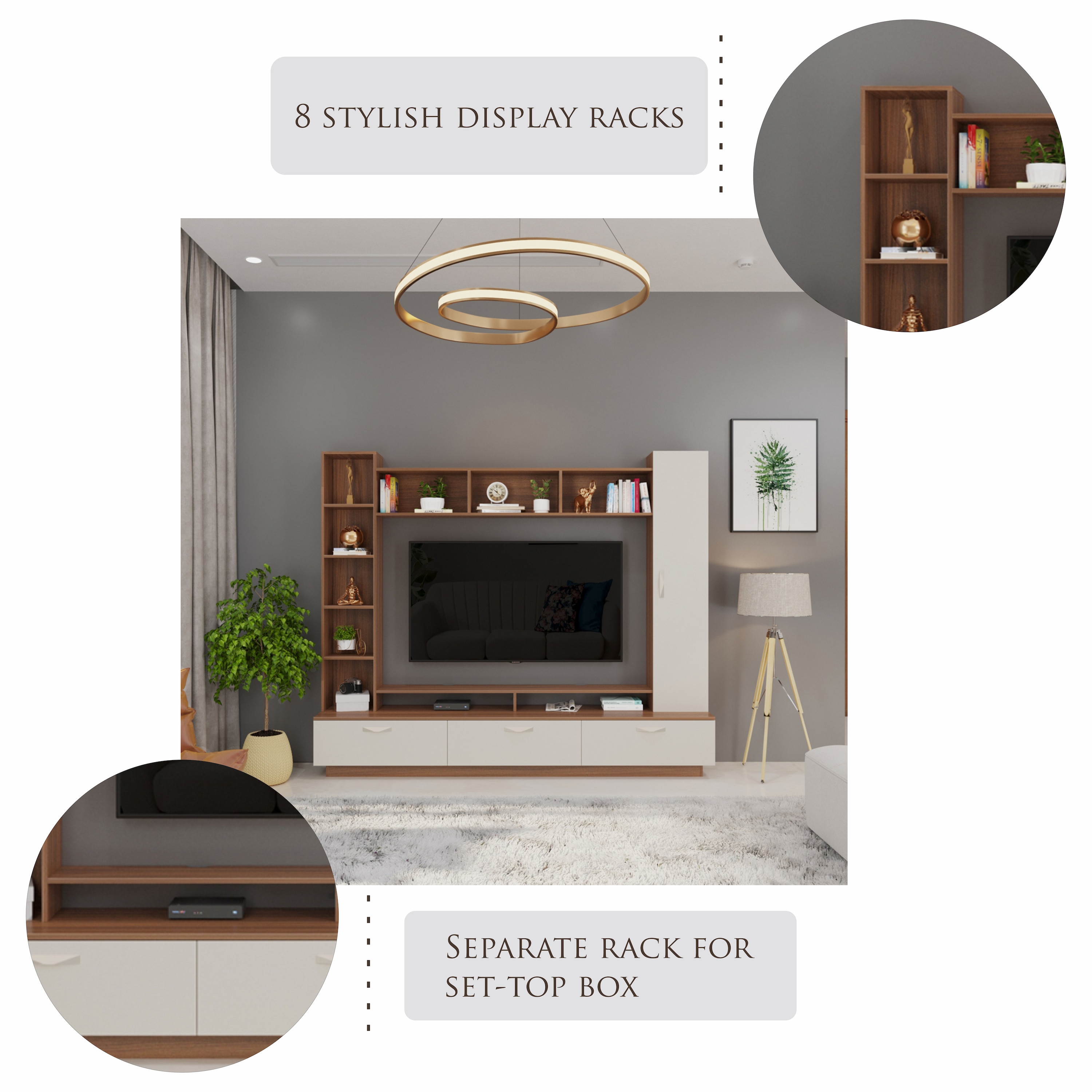 BLUEWUD Fenily Engineering Wood TV Entertainment Unit Set Top Box Stand/TV Cabinet Panel with Shelves for Books & D�cor Display Unit Bed Living Room 60 Inches (Walnut & White)