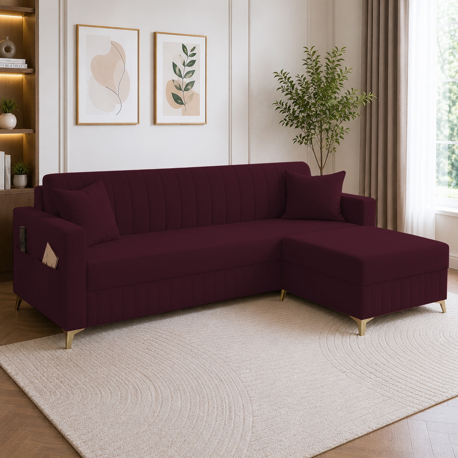 Convil Velvet L Shape 4 Seater Sofa in Red wine Color - Home Lifestylez