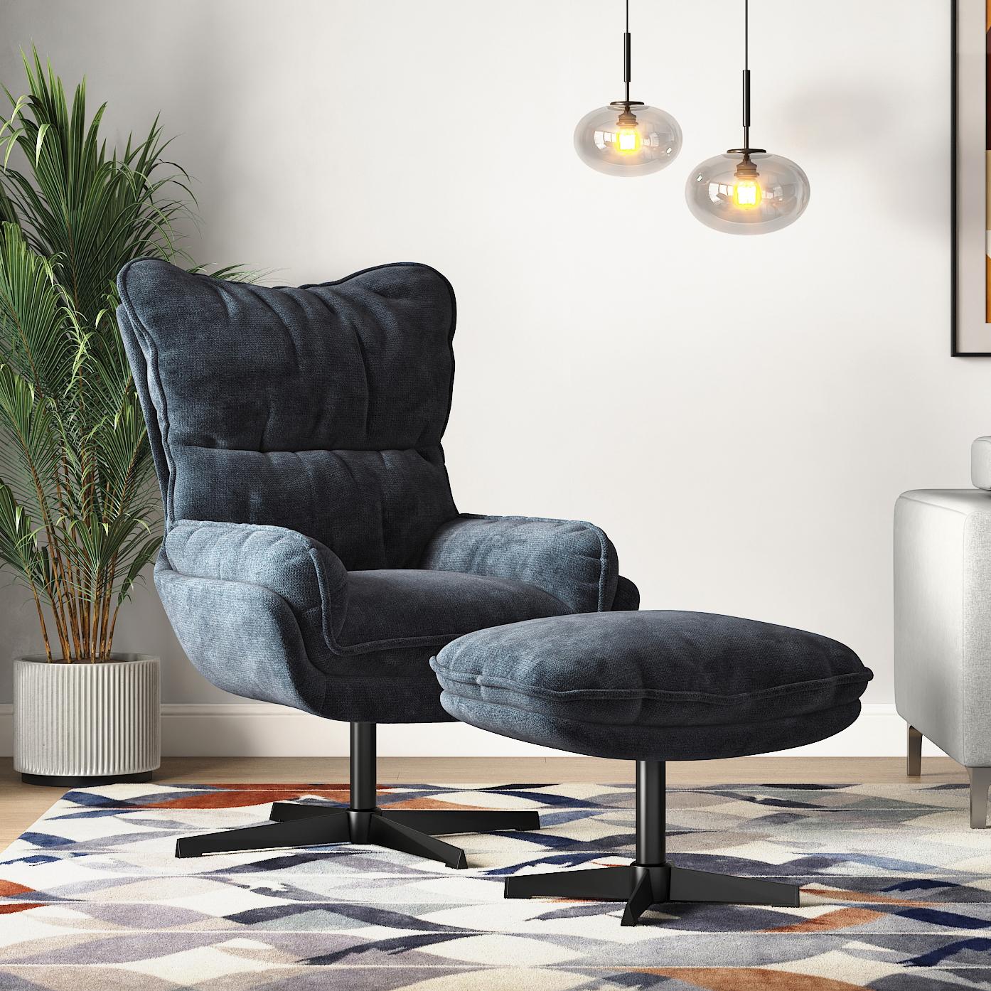 Marson Swivel Lounge Chair and Ottoman in Indigo Blue Colour