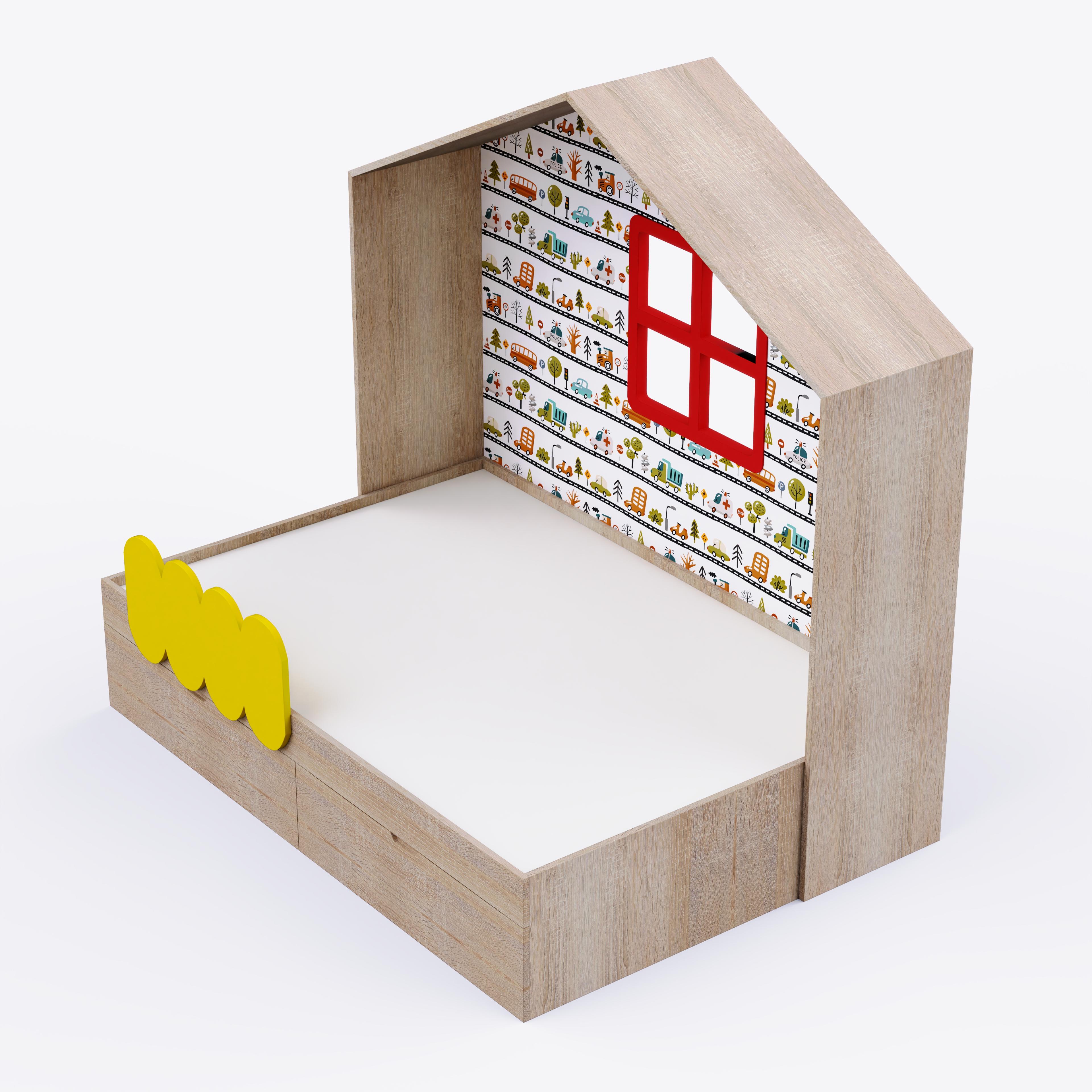 Little Hut Bed  6X3 ( Drawers On Wheels) In Oak & Yellow Colour