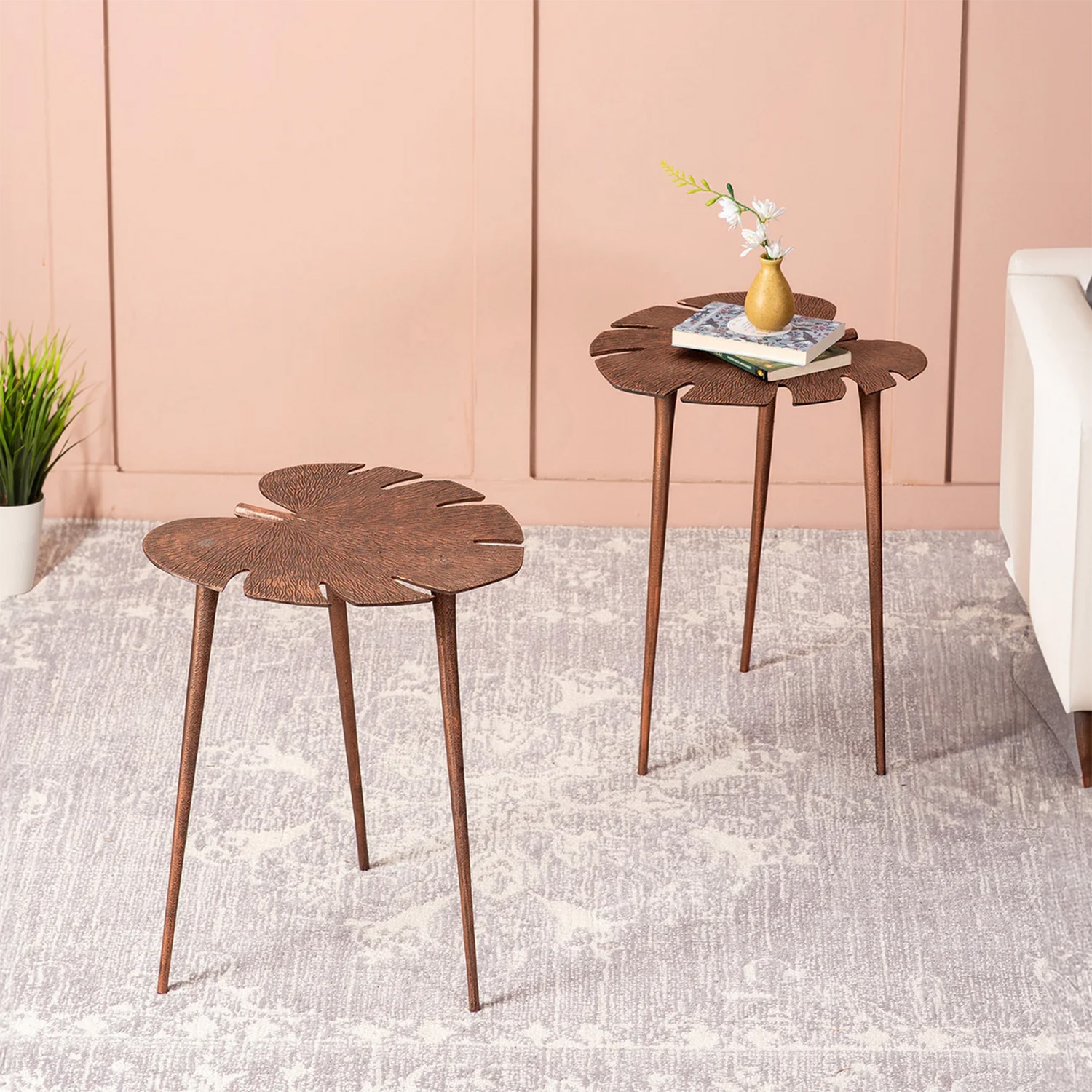Cosmo Aluminium Leaf End Table in Copper Color Set of 2 - Nestroots
