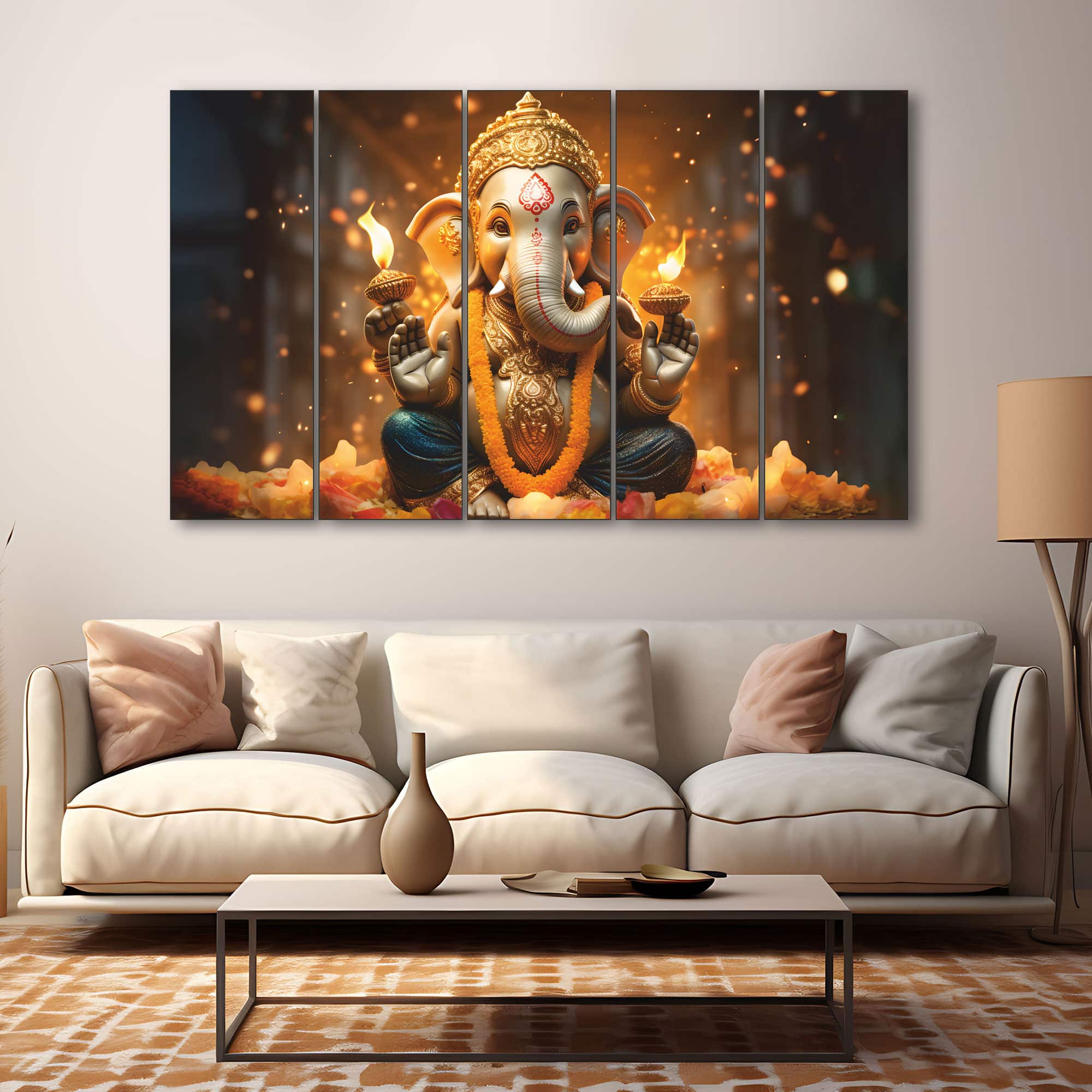 The Castle Decor Ganesh Ji Wall Art Set of 5 Wooden Framed Digital Painting 27x48 Inch - The Castle Decor