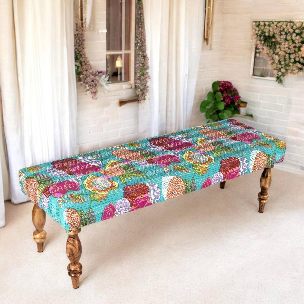 Cairo Solid Wood 2 Seater Bench In Floral Print Green Kantha Fabric