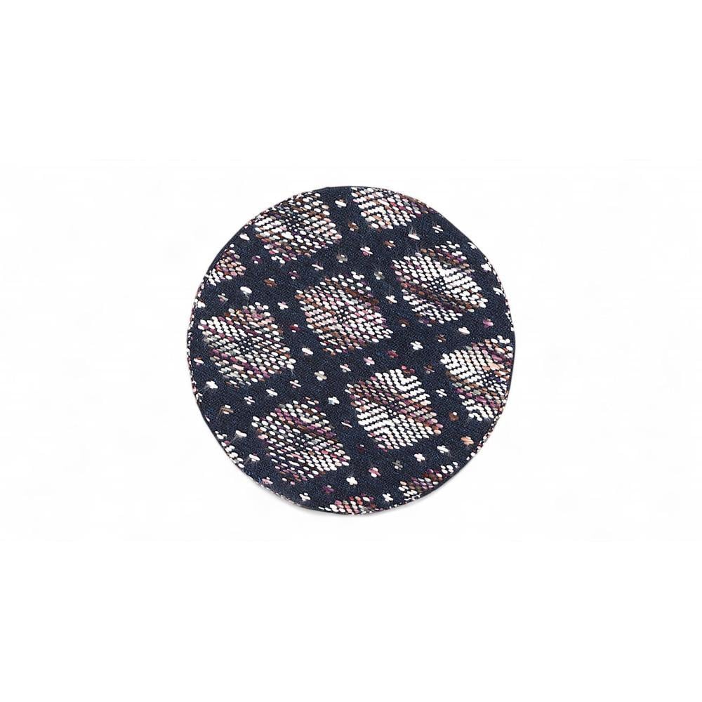Roswell Sheesham Wood Parisian Round Set of 2 Stools in Blue Jacquard Work Fabric Upholstery