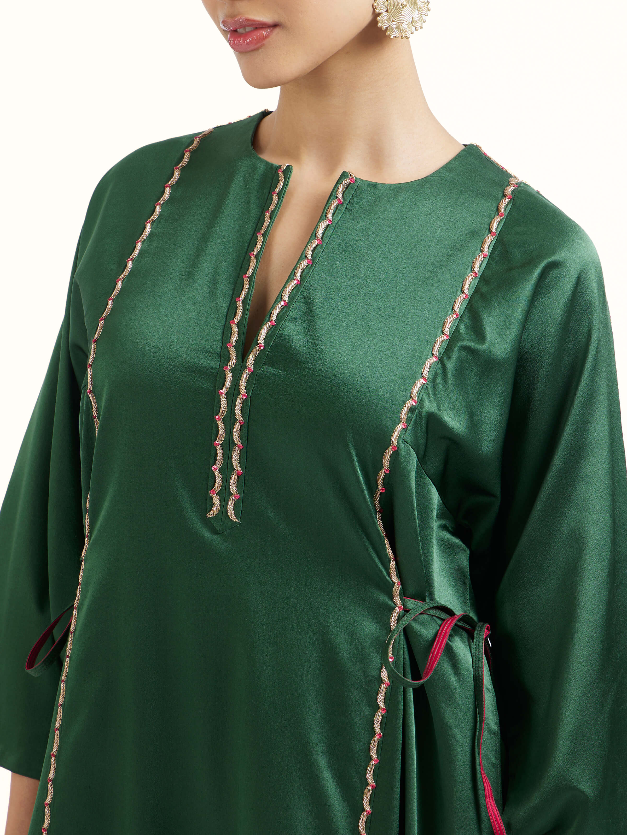 Detail view of emerald green silk Banarasi co-ord set showcasing craftsmanship