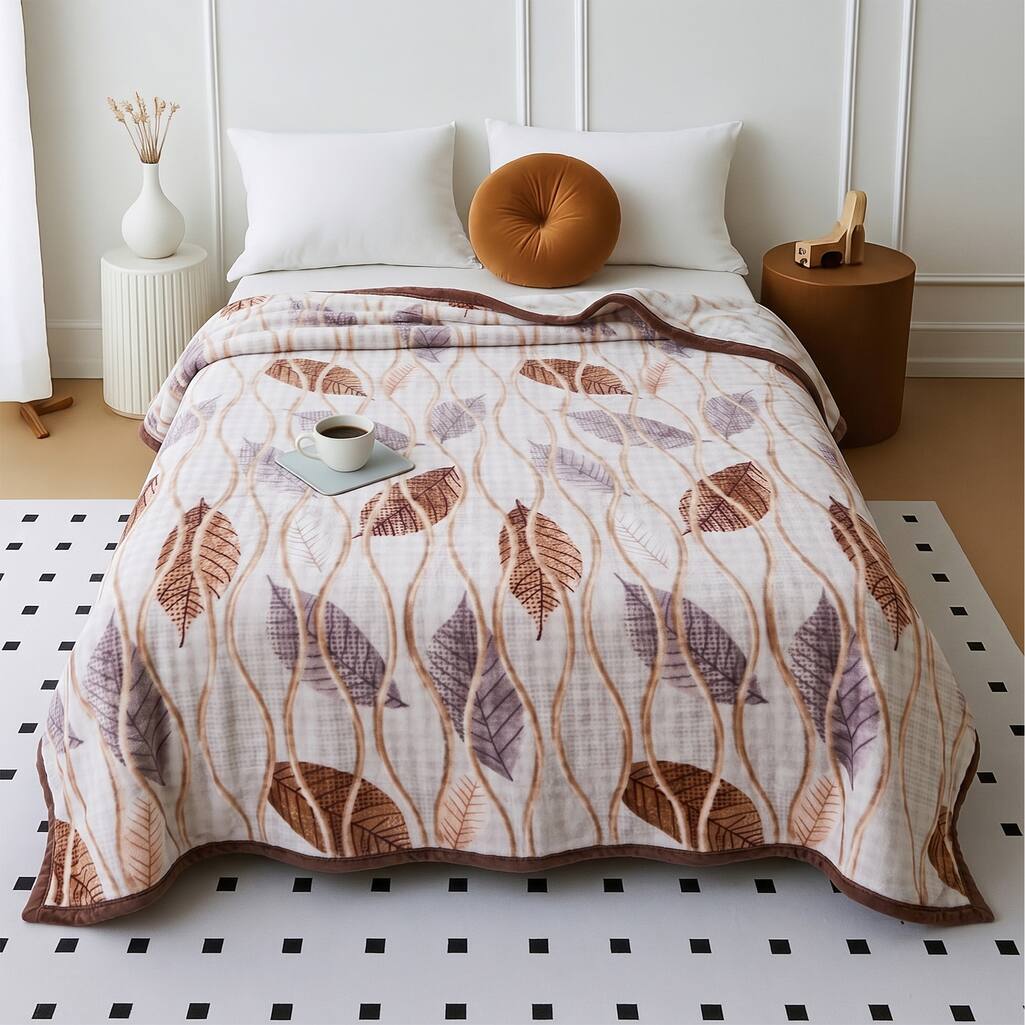 Cream Floral Wool Blanket Double Bed 240 X 220 Cm