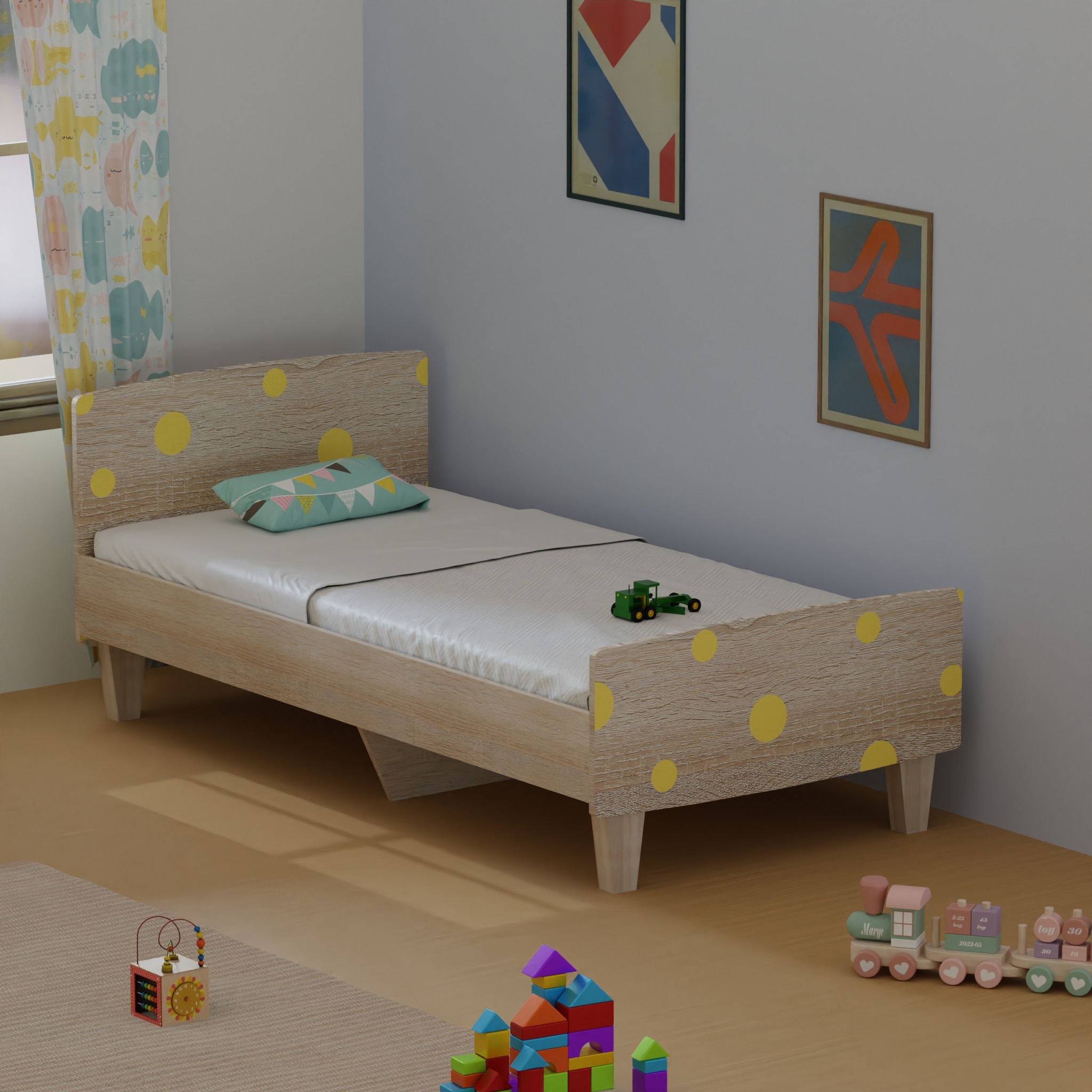Minimalist Kids Single Bed in Oak and Yellow