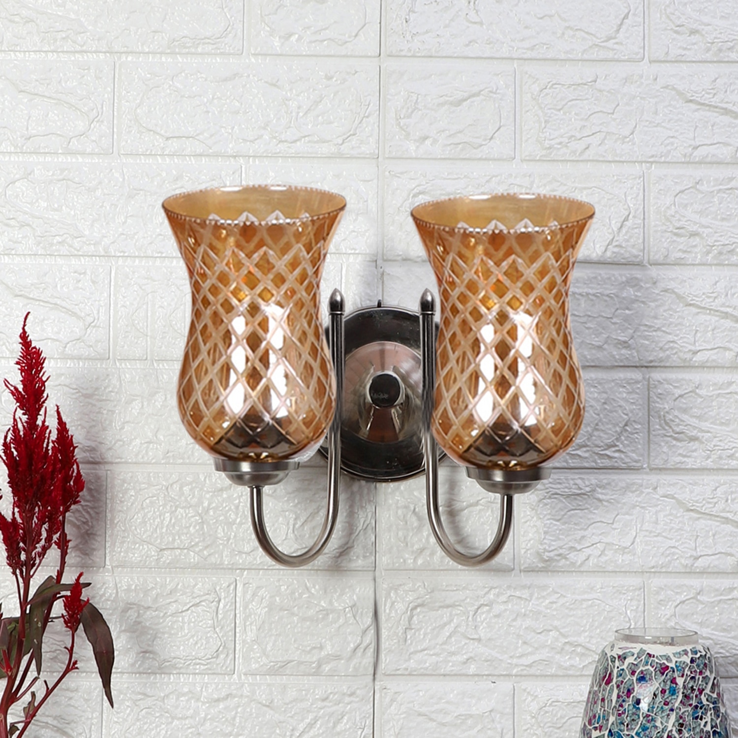 Devansh Steel Electric Wall Light in Steel Colour with Lavender Shade Count of 2 Lights - Devansh