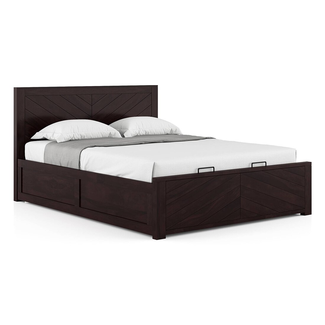 Almaya Solid Wood Queen Size Hydraulic Storage Bed In Mahogany Finish