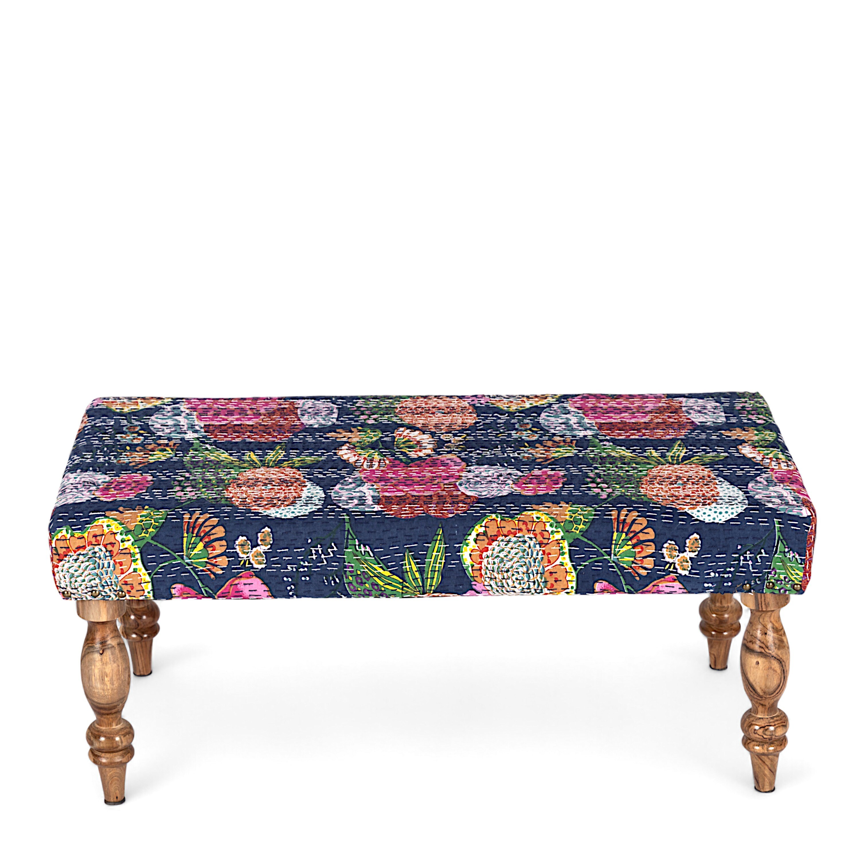 Bestone Sheesham Wood Mid Century 2 Seater Bench In Fruit Print Blue Kantha