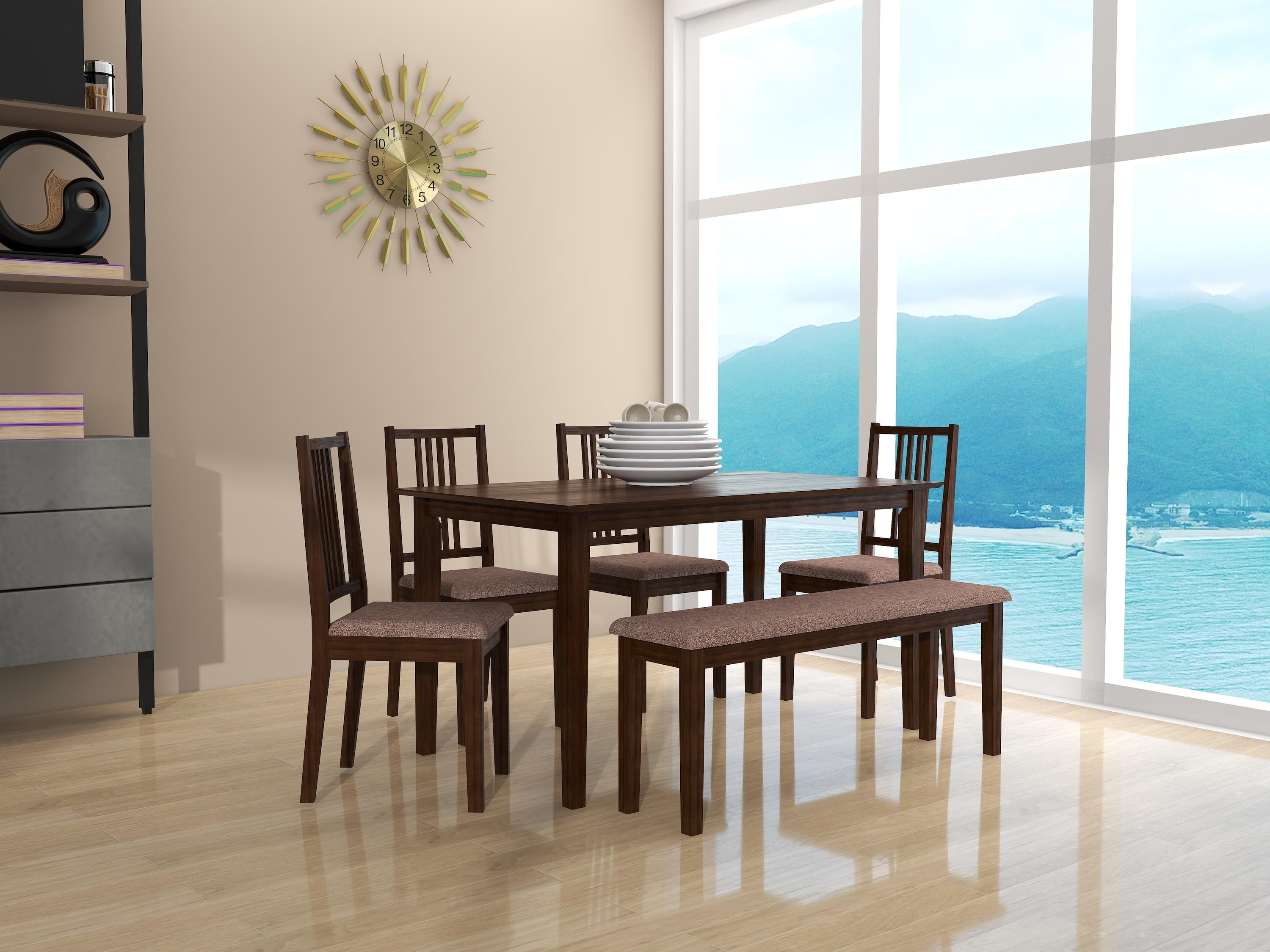 Monterey 6 Seater Dining Set with 1 Bench and 4 Chairs (Rubberwood, Dark Cappuccino Finish)