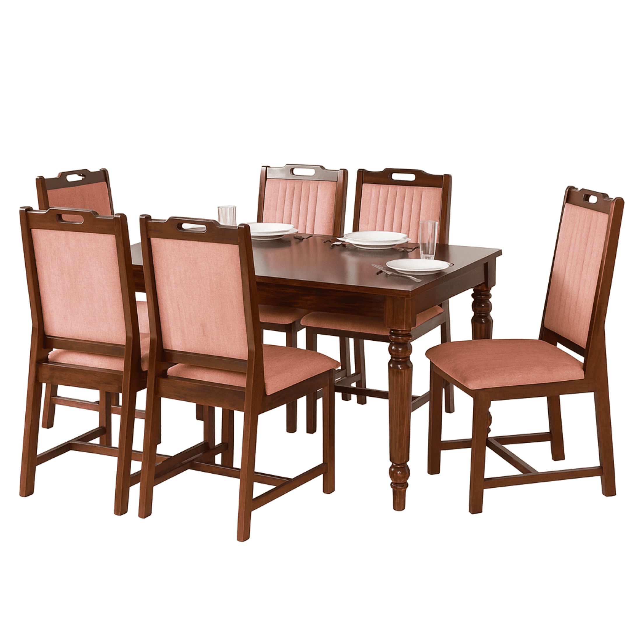 Globally Indian Compact Wooden 6 Seater Dining Table Set – Comfortable 6 Upholstered Seat and Back In Pink Sapphire