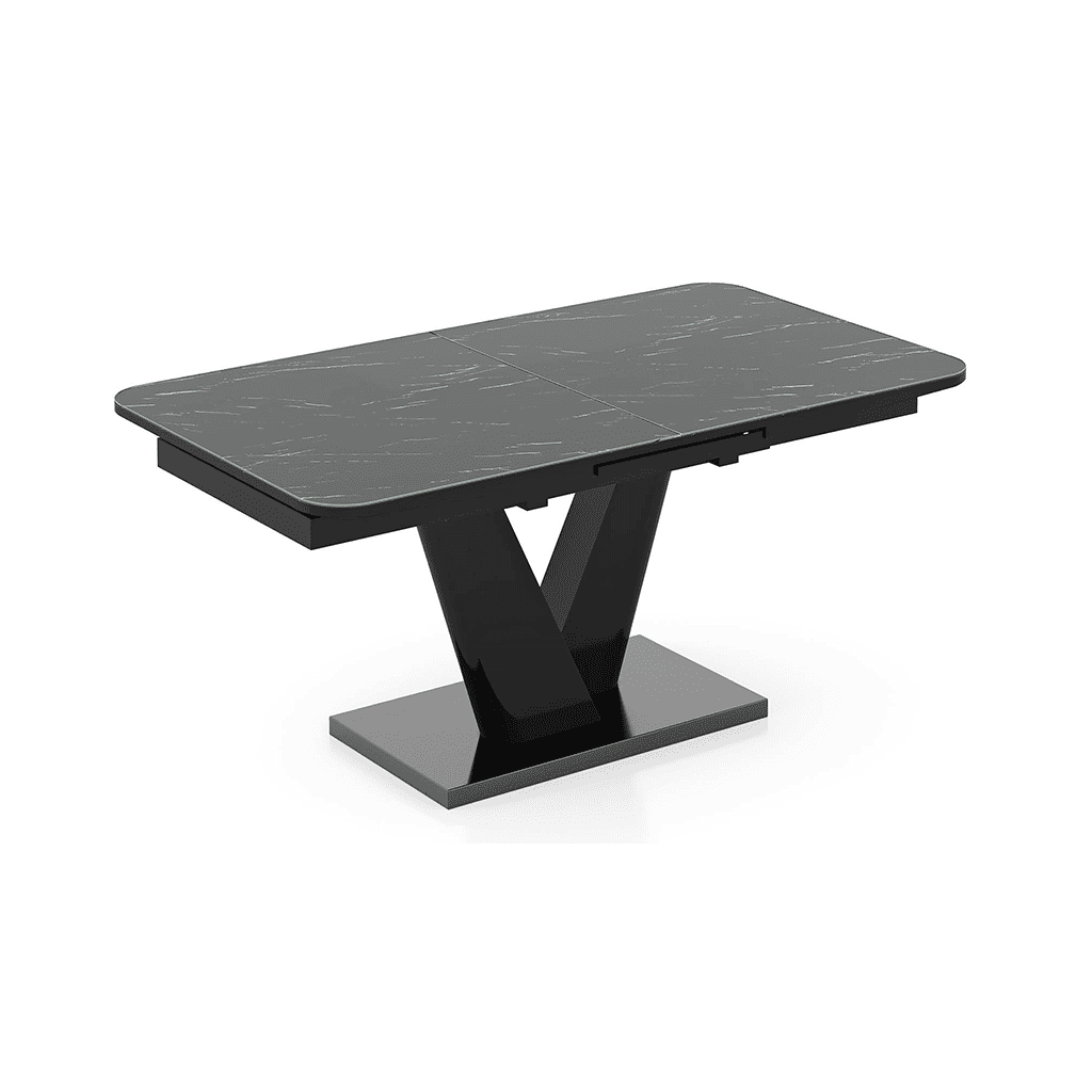 Caribu 6 To 8 Extendable Dining Table In Black Marble Color With High Gloss Finish
