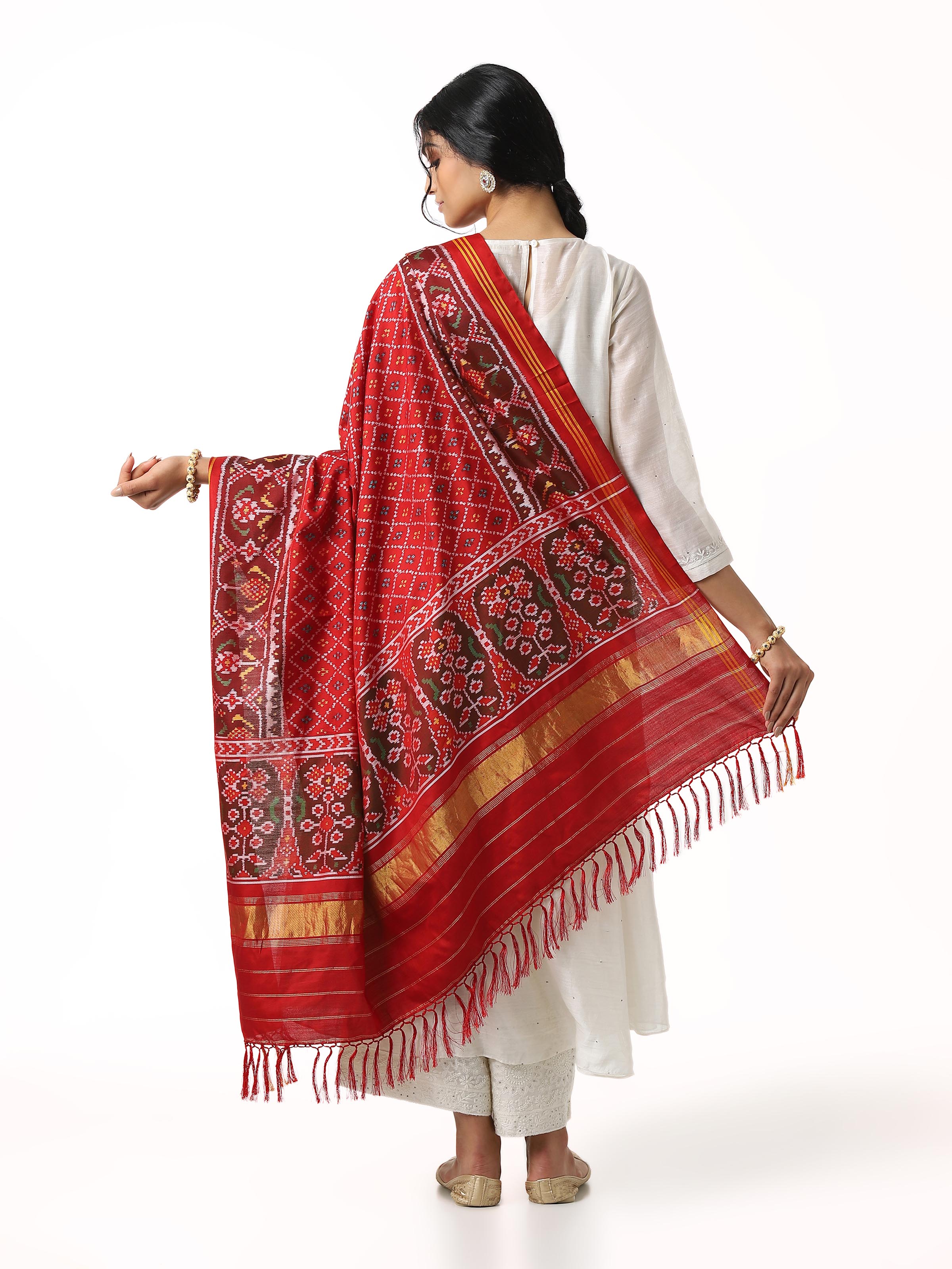 Back view of red silk semi ikat Patola dupatta displaying full design