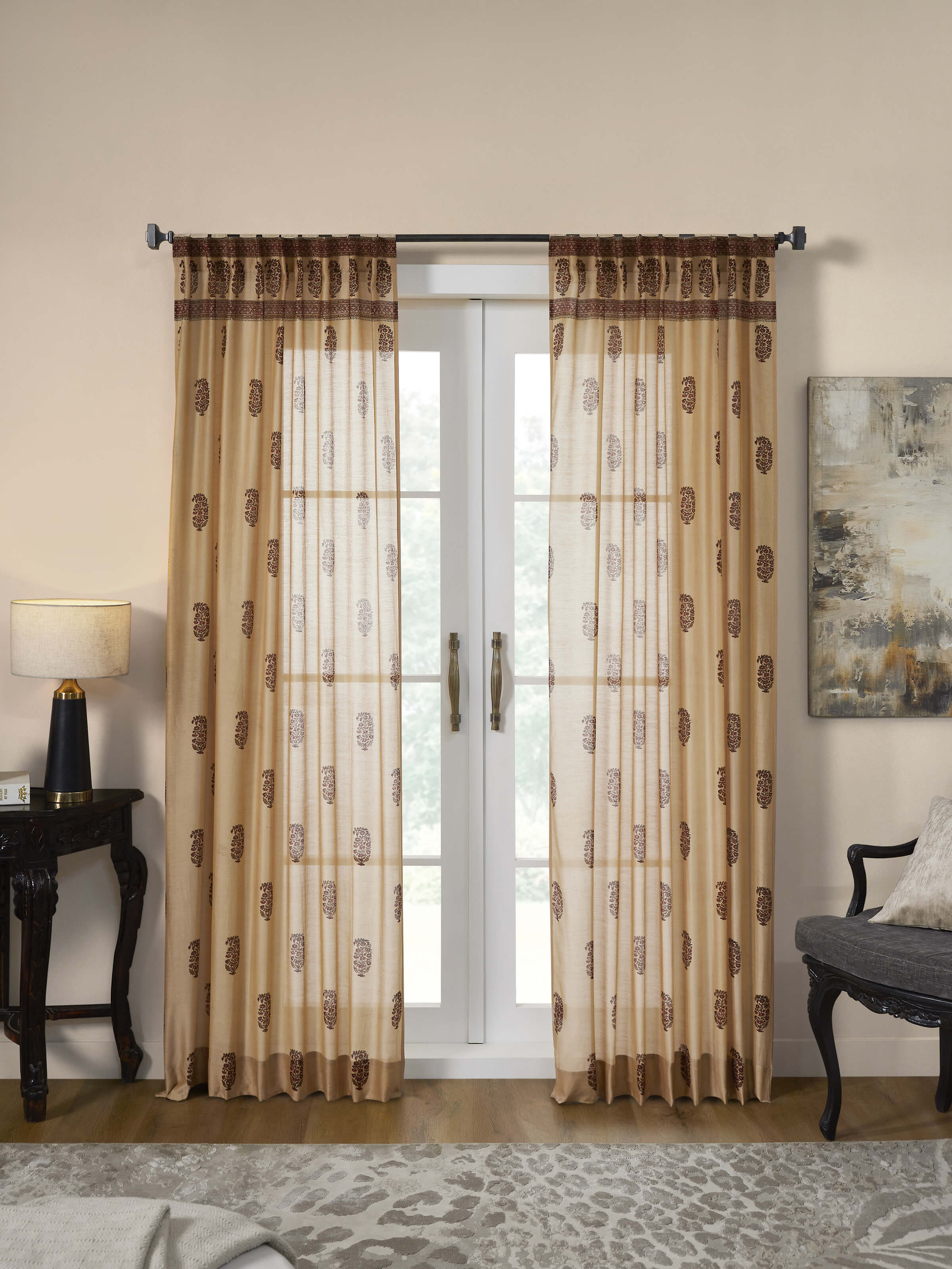 Vasudha Rust Buta Cotton Silk Bagru Hand Block Print Sheer Curtain (7 Ft)