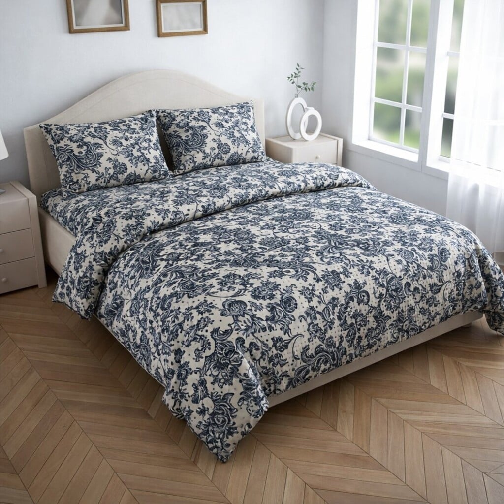 Orion White & Blue Floral Cotton Bedding Set Super King 275 X 275 Cms Bed Sheet 2 Pillow Covers Dohar 240 X 220 Cms Threads-image-10