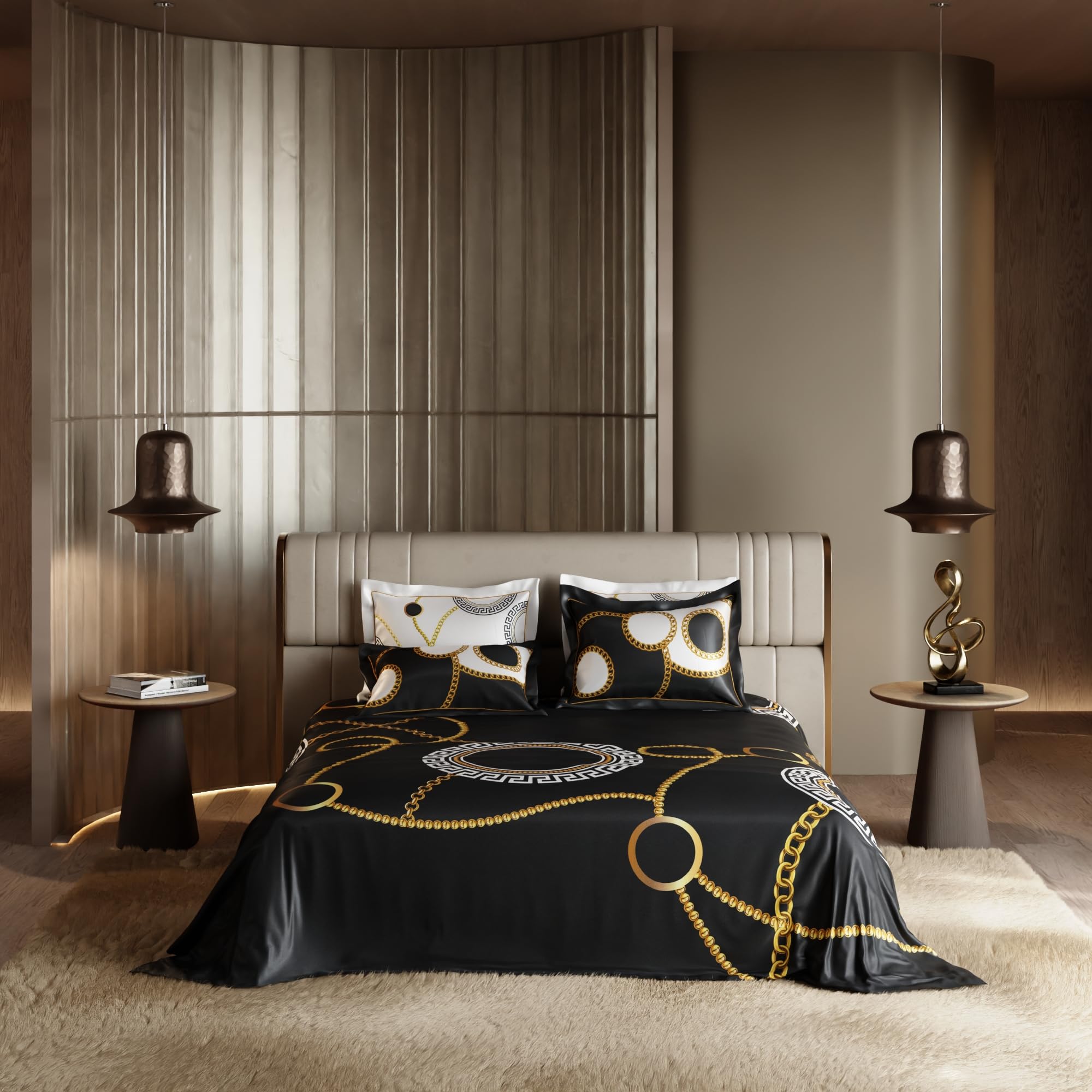 Stoa Paris Super King 5PC Satin Bedding Set  5PC Jet Black-White Gold - Stoa Paris