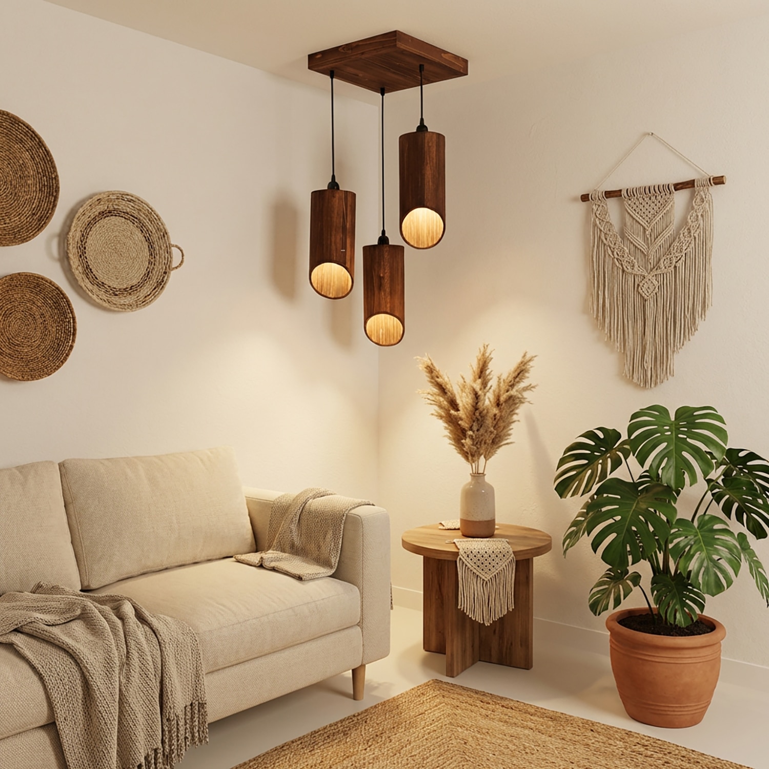 Cedar Brown Solid Wood Cluster Hanging Light