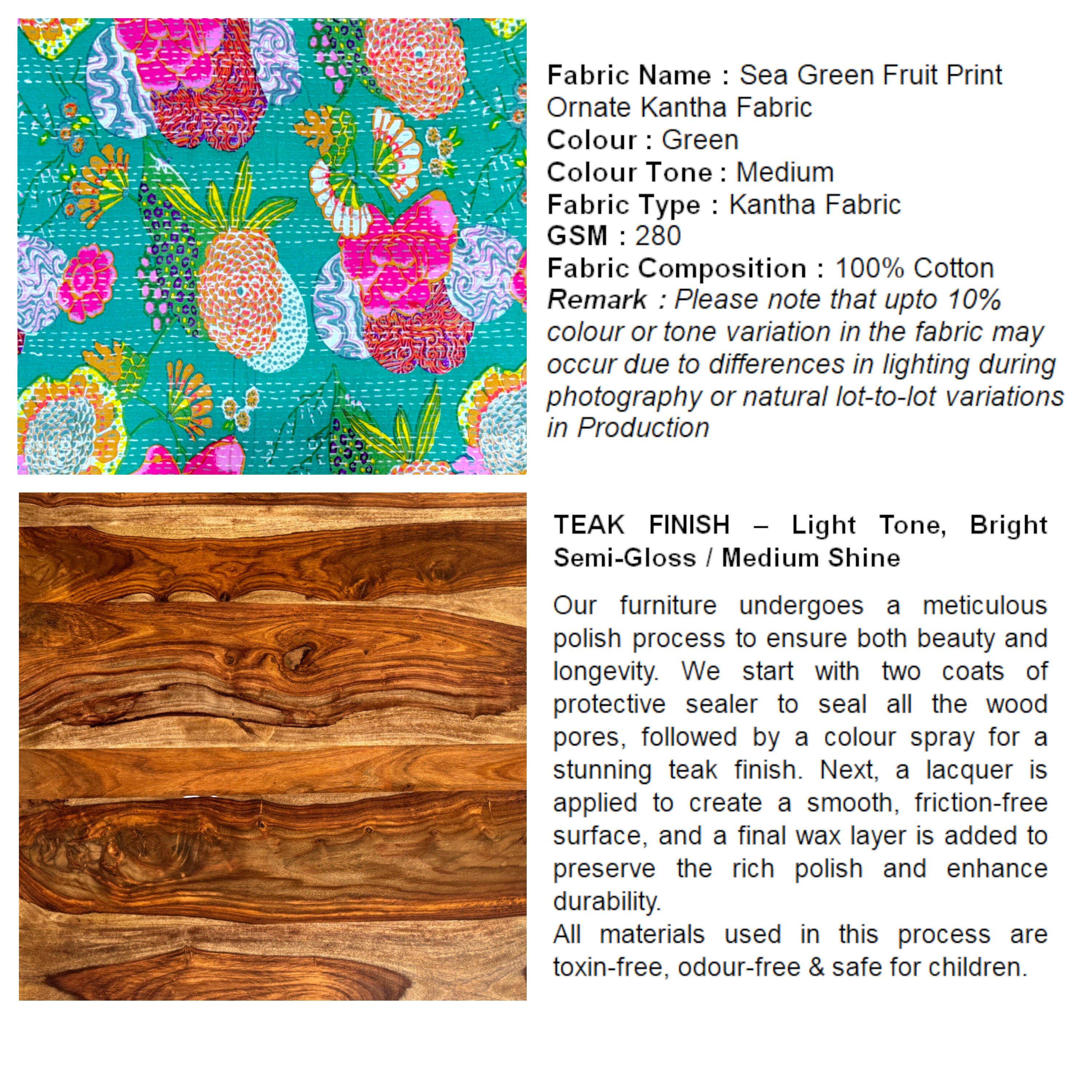 Roswell Sheesham Wood Mid Century Round Stool in Sea Green Fruit Print Kantha Upholstery