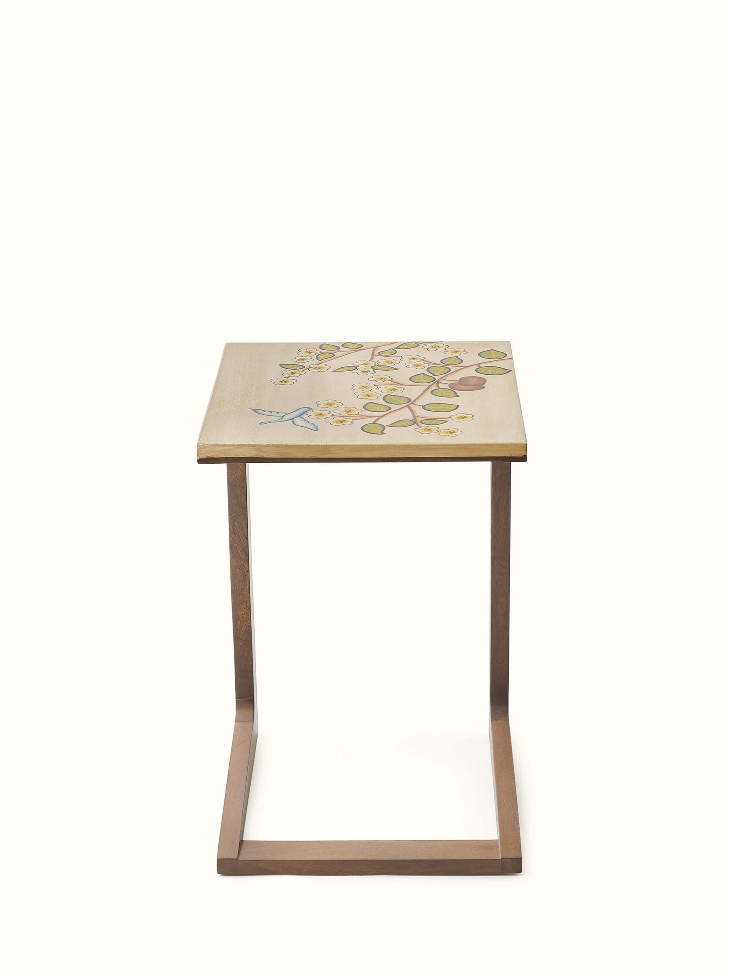 Front view of mango wood miniature painting portable table with shelf