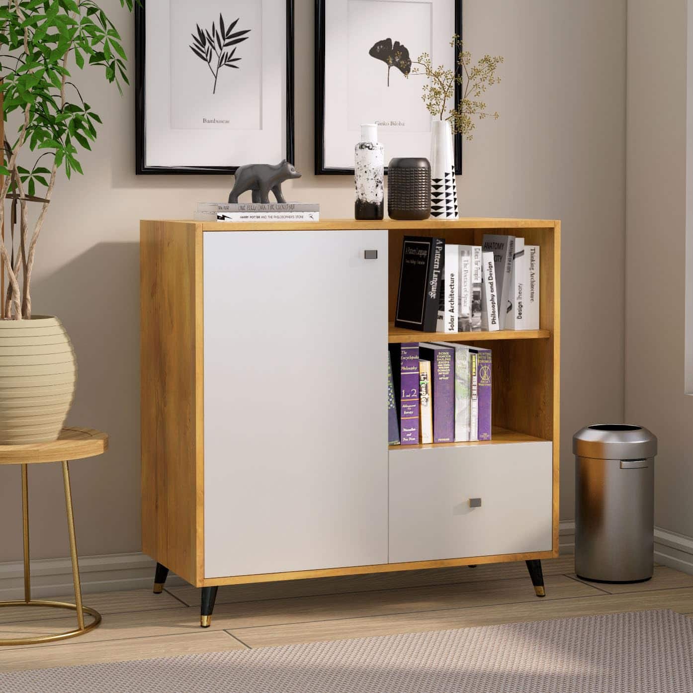 Hexa Engineered Wood Bookshelf Multipurpose Storage Rack in Giant Wood and Frosty White Colour - HexaRed