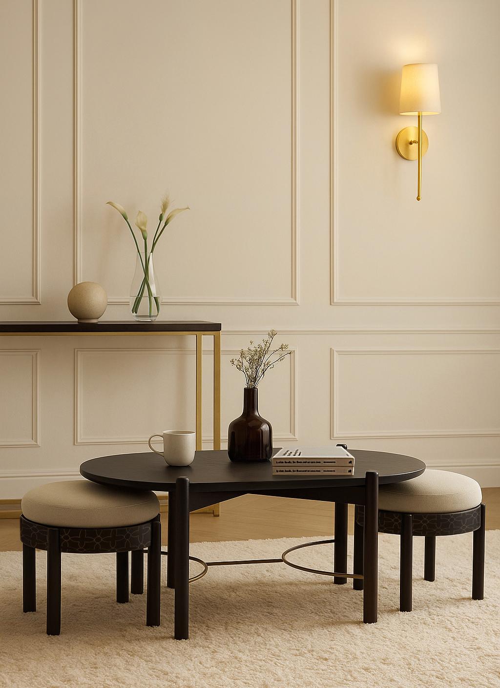 Sheesham Wood & Brass Tarkashi Coffee Table Set (3Pcs)