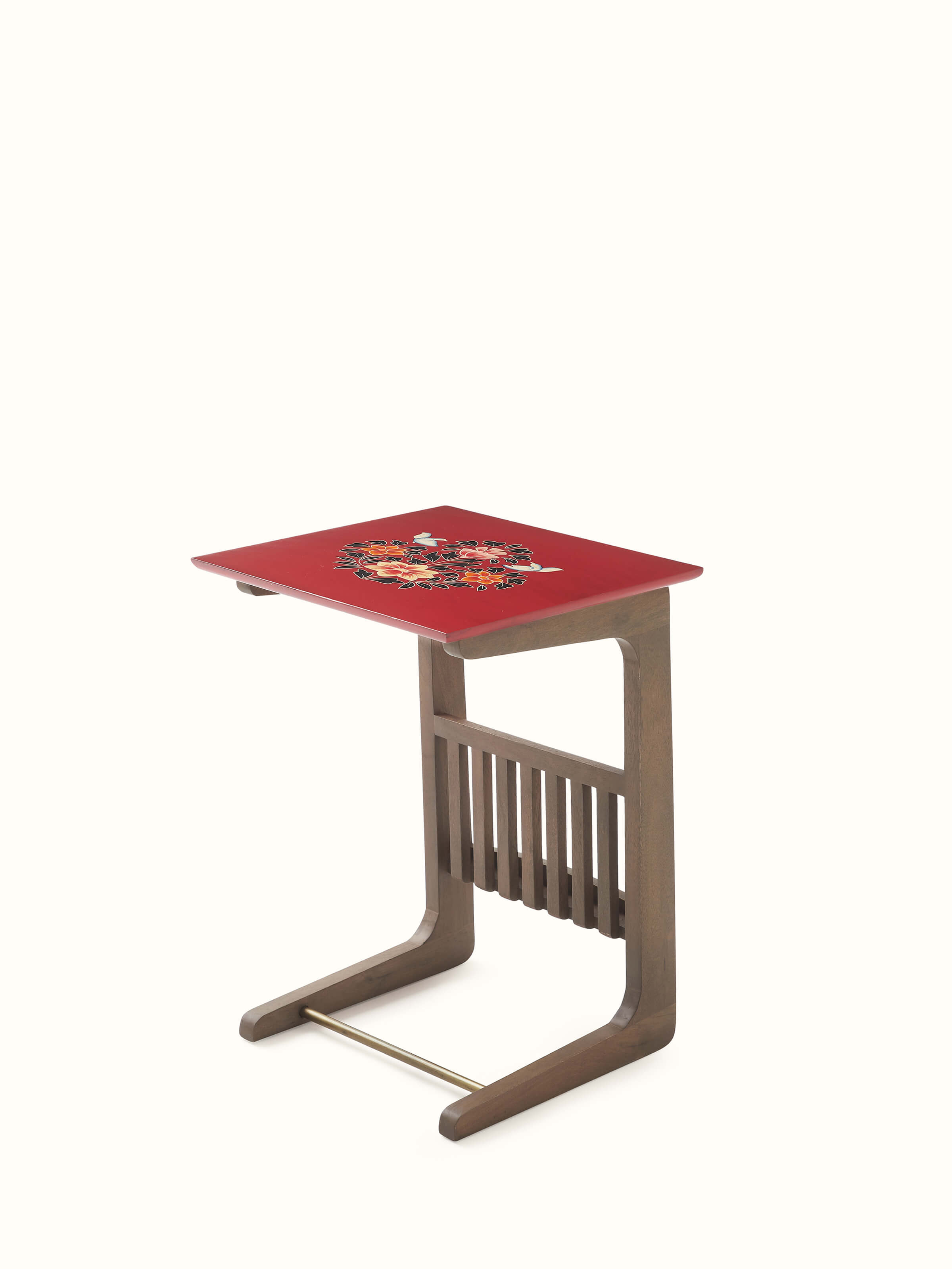 Close-up of the miniature painting details on the mango wood table with shelf