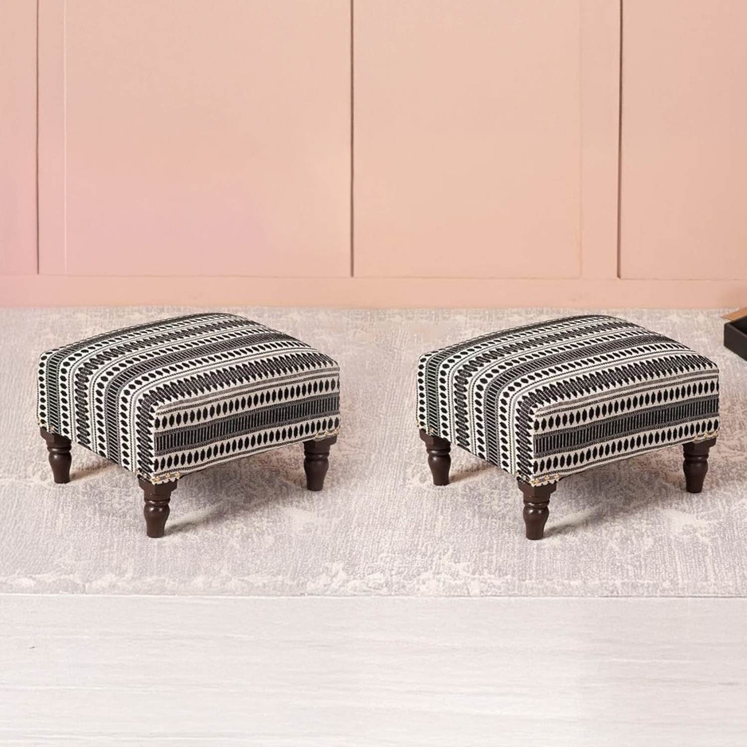 Bohemian Jacquard Wooden Footrests in Black & White Color Set of 2 - Nestroots