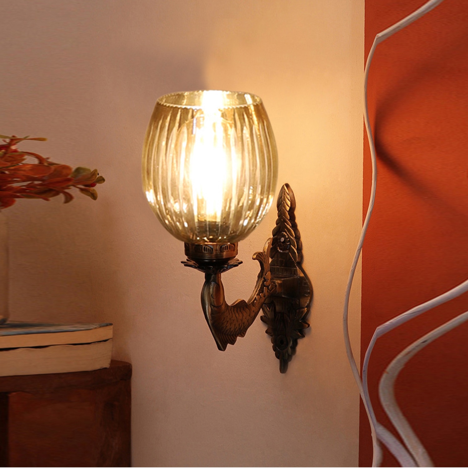 Devansh Metal Electric Wall Light in Antique gold Colour with Lavender Shade Count of 1 Light - Devansh
