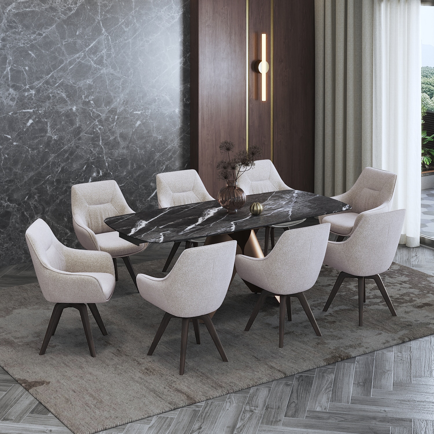 Aeris Ceramic 6 to 8 Seater Extendable Dining Table With Set of 3  Selene Dining Chair