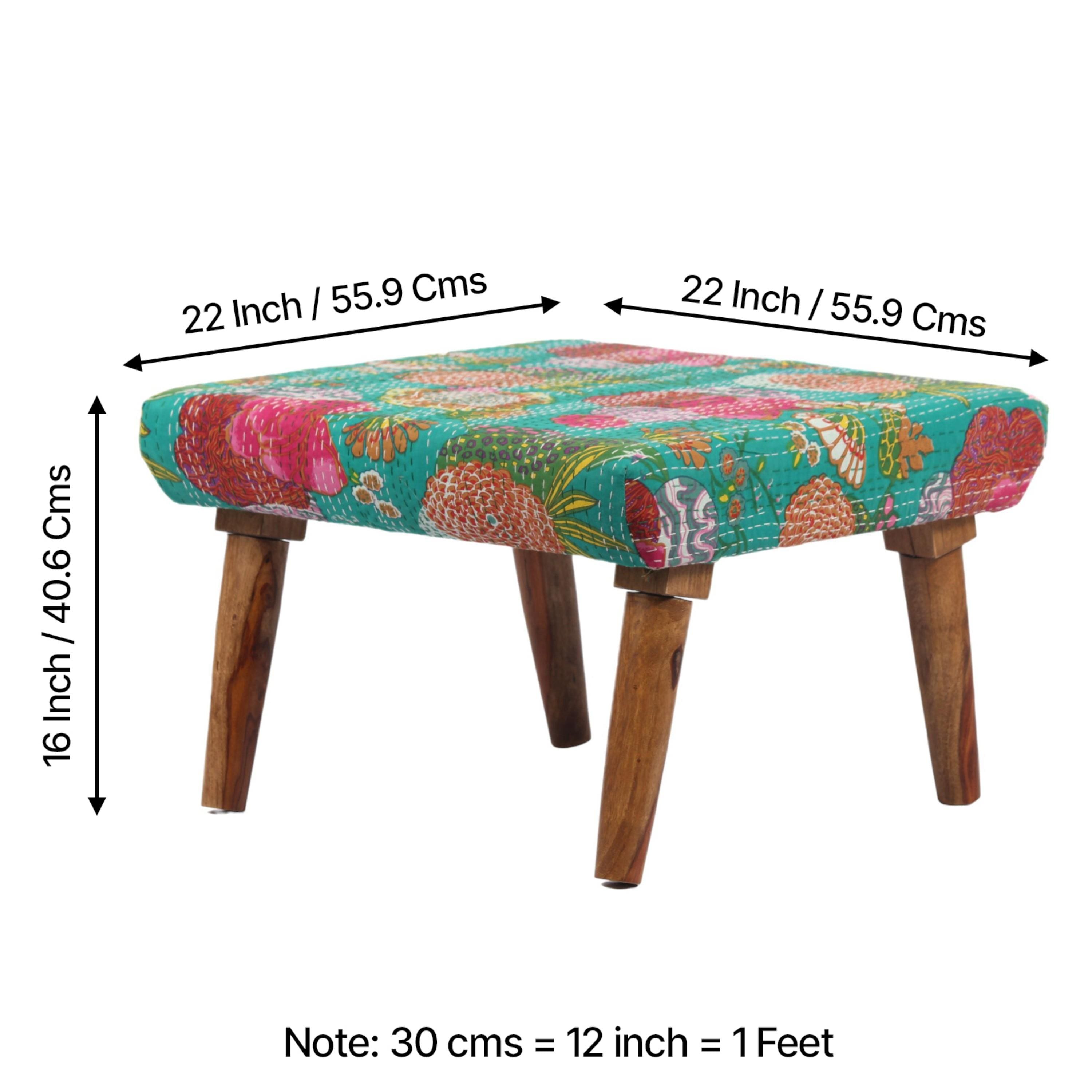 Queens Solid Wood Pouf Stool in Sea Green Fruit Print fabric